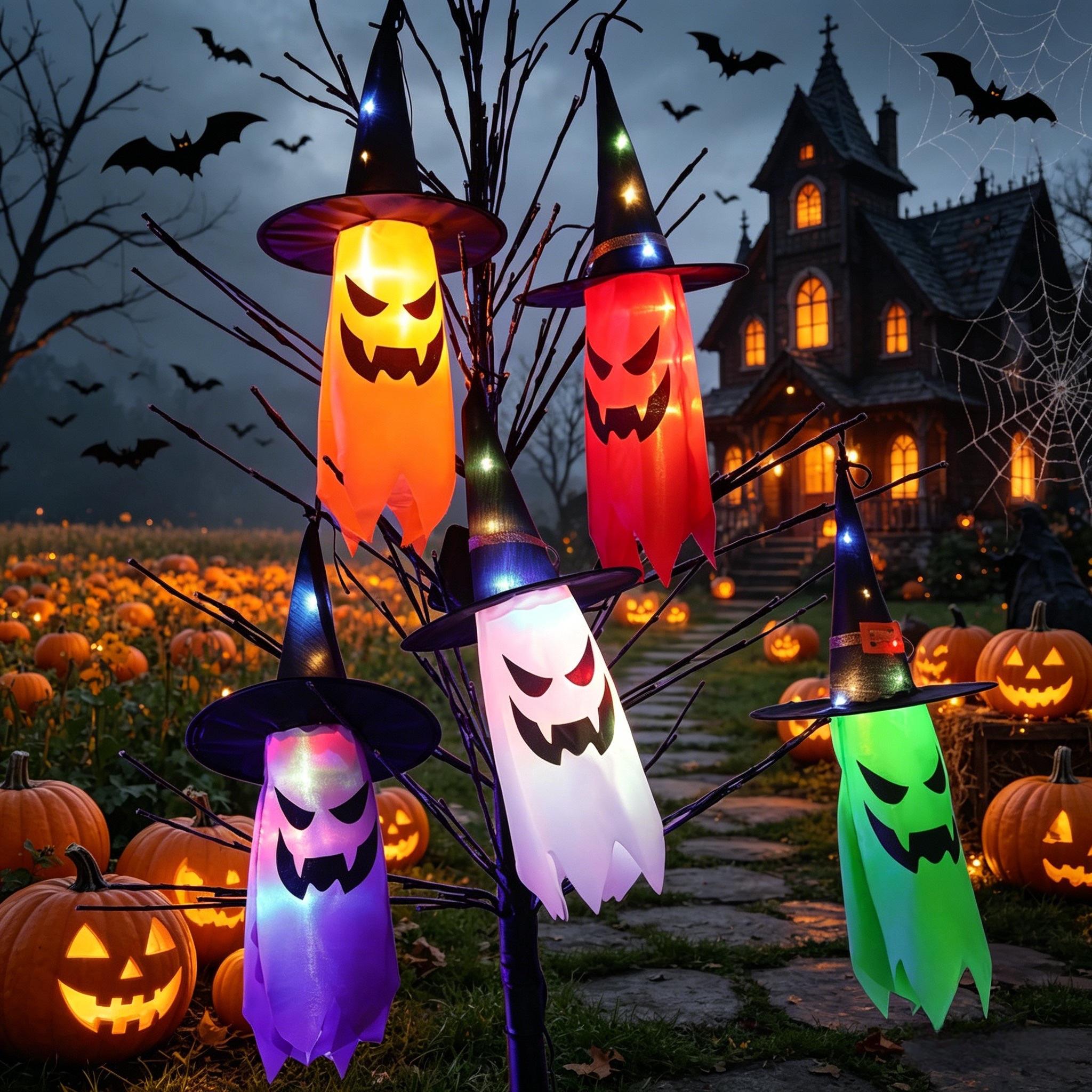 Halloween Glowing Decor 5-String LED Lights, Battery-Powered Ghost Witch Hat Atmosphere, Outdoor Decoration for Yard Garden Porch Tree