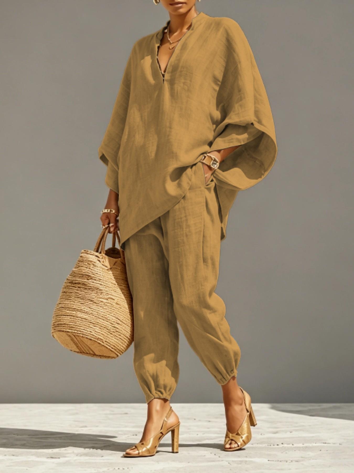 Women 2 Piece Set, Stand Collar Half Zip Tunic Top, Batwing Sleeve Jogger Pants, Lightweight Breathable Elastic Fabric, Side Pockets