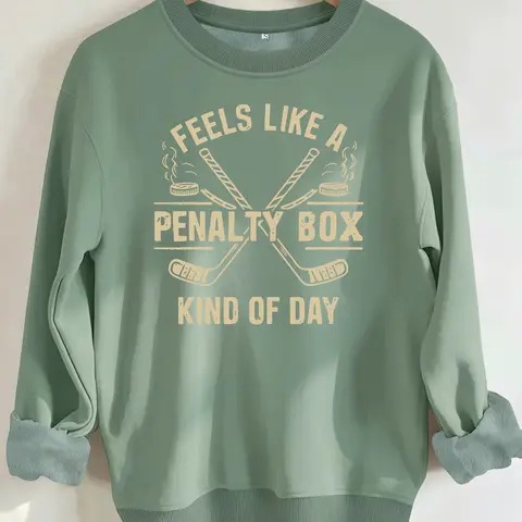 Women's Casual Penalty Box Hockey Stick Print Round Neck Sweatshirt, Fall Winter Fleece Hoodie, Graduation Teacher Back-To-School Top