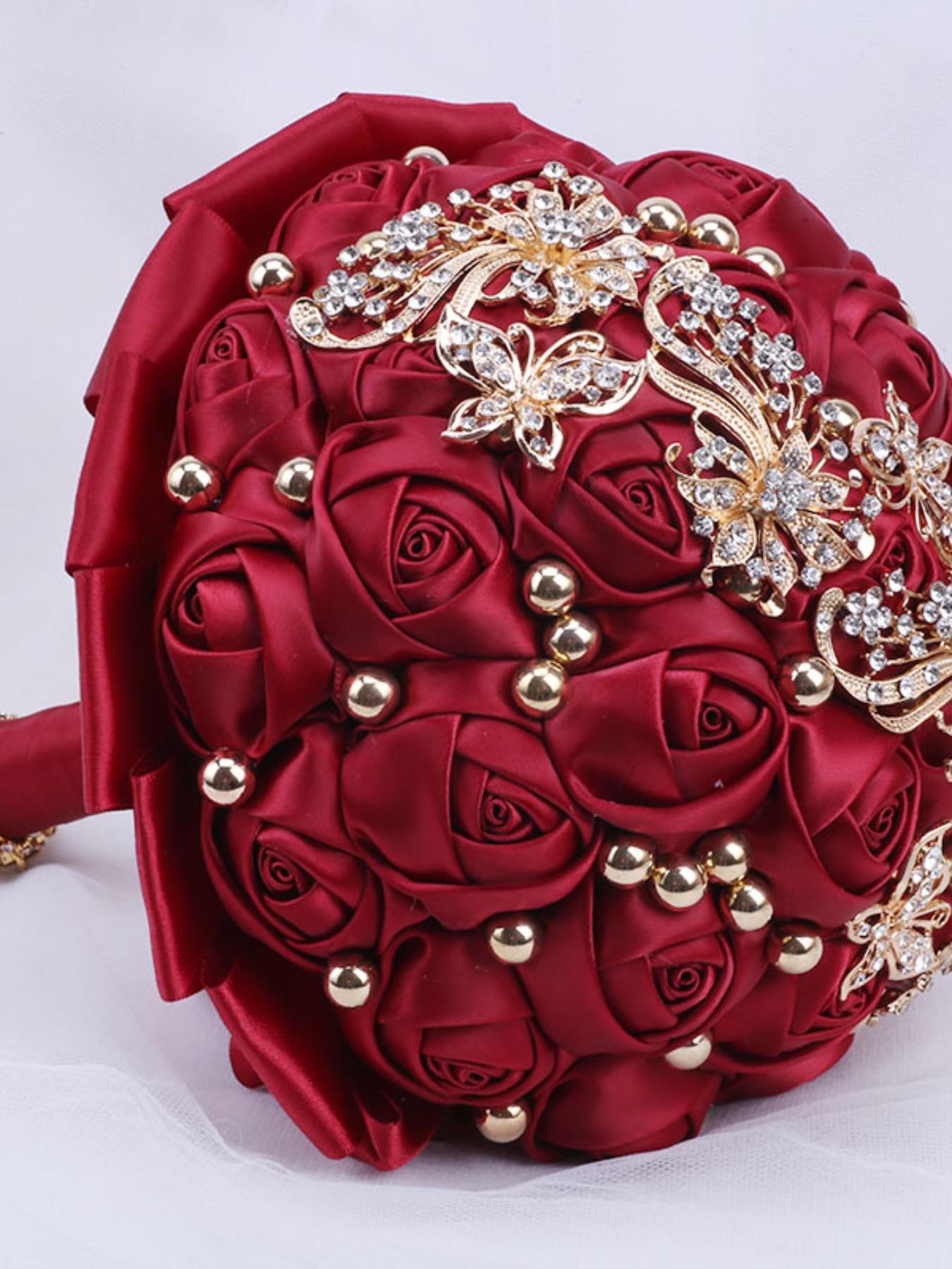Handmade Ribbon Rose Bouquet, Artificial Roses, Faux Roses, Bride Bridesmaid Wedding Flower Bouquet, Rhinestone Alloy Decor, Valentine's Day Proposal Gift, Sweet 15 Quinceanera Bouquet Flowers