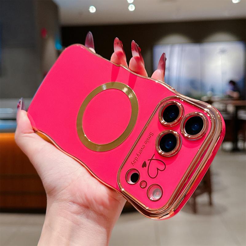 For iPhone 17 Pro Max 16 15 14 12 Case Magnetic,for Women Girls Soft Cute Wave Frame Curly Shape Love Heart Luxury Plating Phone Case Compatible with MagSafe Shockproof Back Cover