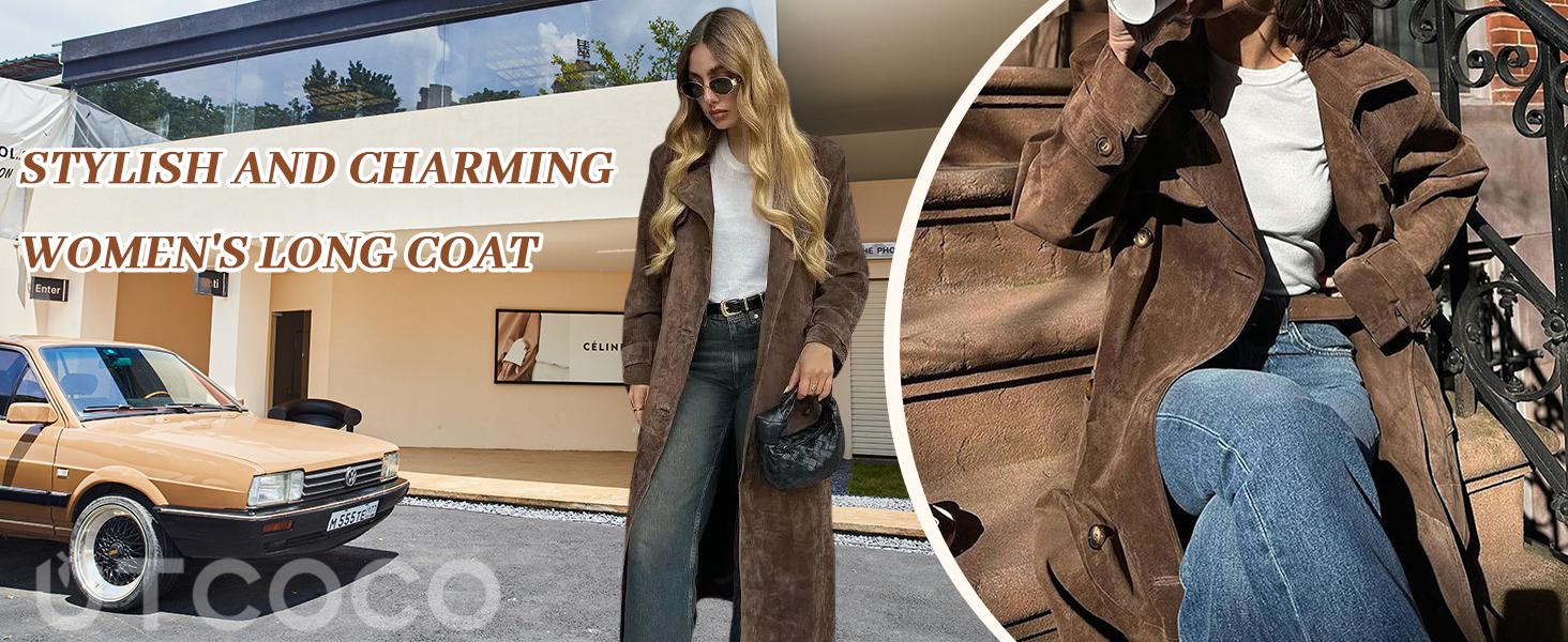 utcoco Women's Faux Suede Long Trench Coat Notched Lapel Double-Breasted with Belt Casual Fitted Outerwear Jackets Tops for Autumn & Winter SpringStatements