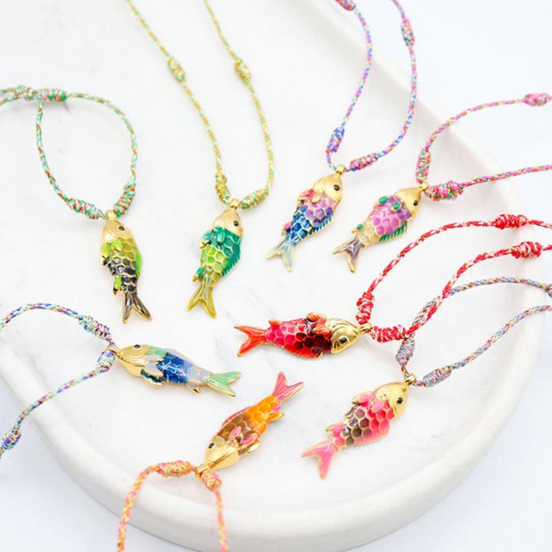 Women's Copper Ocean Fish Pendant Statement Necklace - Fashion Jewelry Accessories, Bold Statement Piece, Vibrant Multicolored Cord for Casual Indoor Recreation Wear