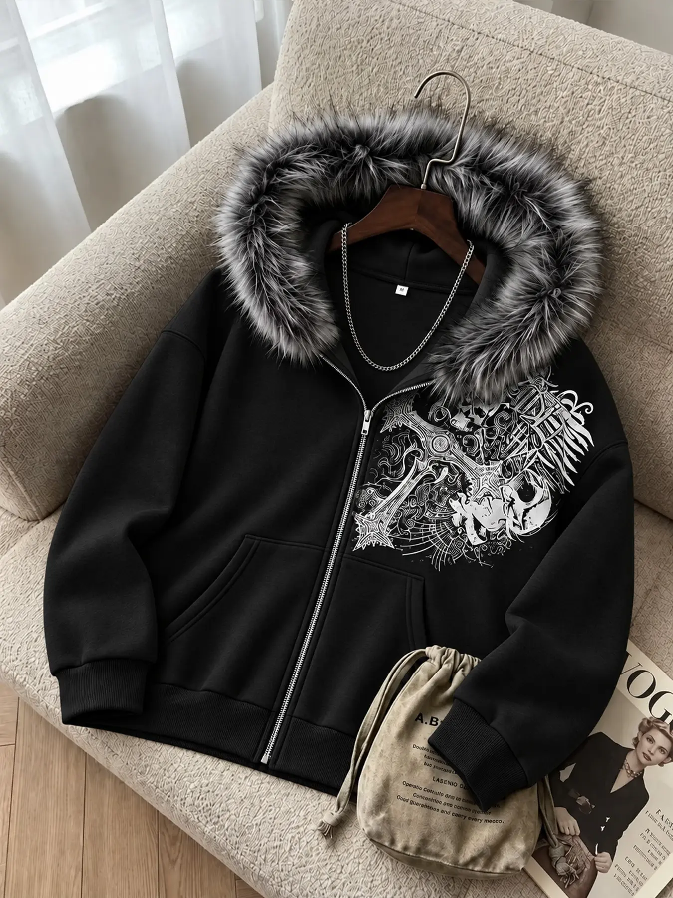 Men's Fall Winter Faux Fur Hooded Jacket, Y2K Skull Print, Soft Faux Fur Hood Design, Layerable Outerwear, Street Style Sweater