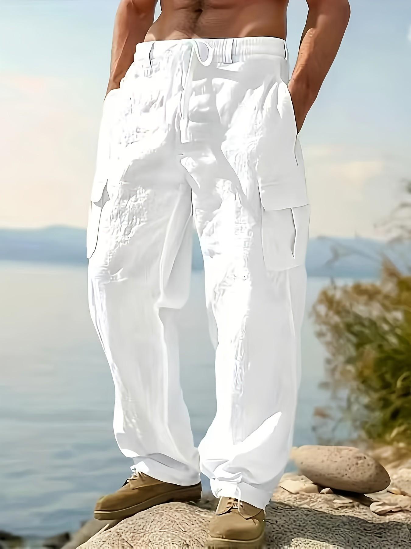 2026 Fashion Comfy Men's Linen Cargo Pants for Outdoor Beach, Drawstring Multi-Pocket Straight Leg Breathable Classic Casual Long Pants