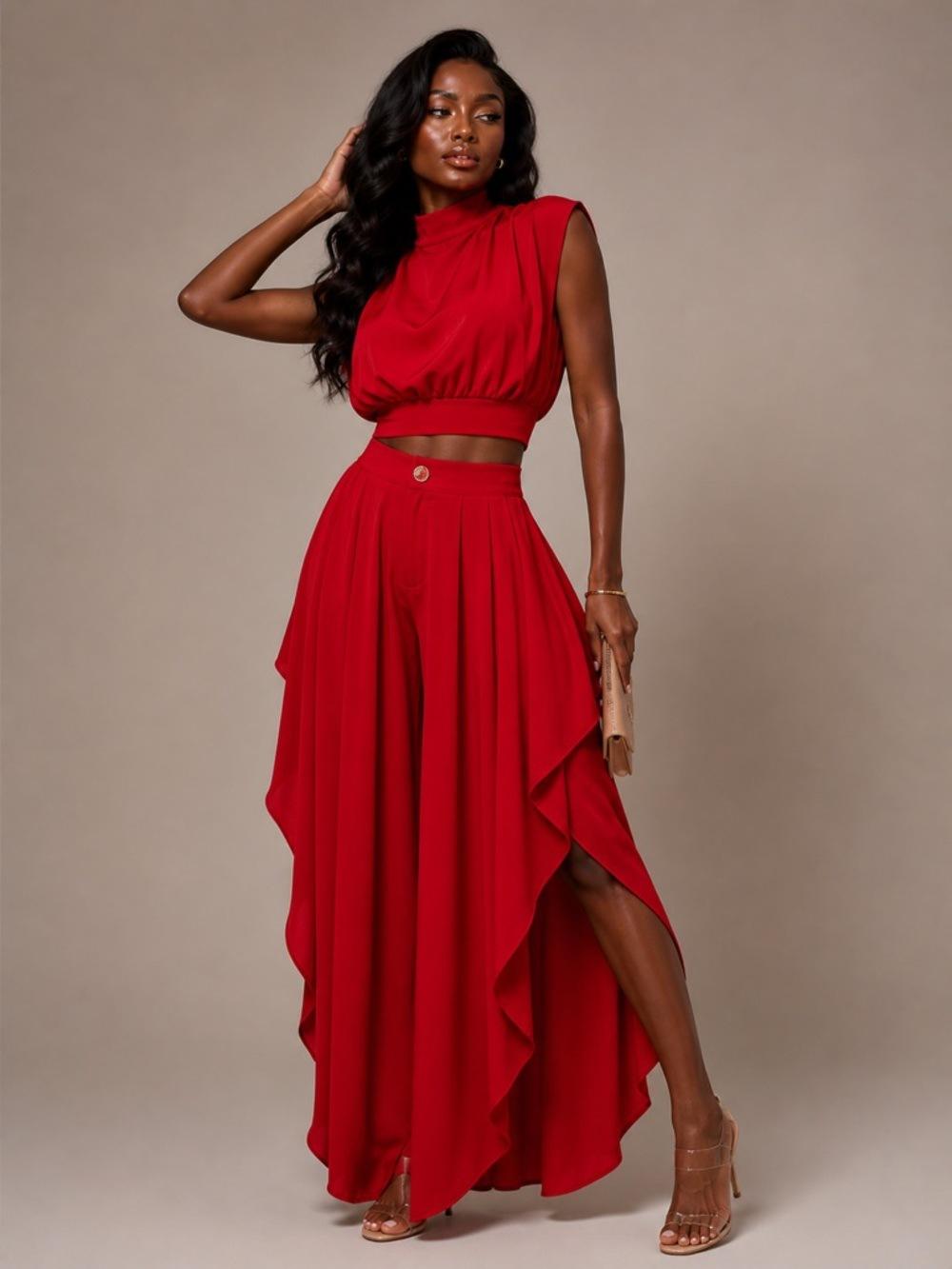 Women's 2-Piece Loose French Minimalist Summer Clothing Set - High-Neck Sleeveless Crop Top, Asymmetric Ruffled Wide-Leg Polyester Blend Pants, Oversized, Basic