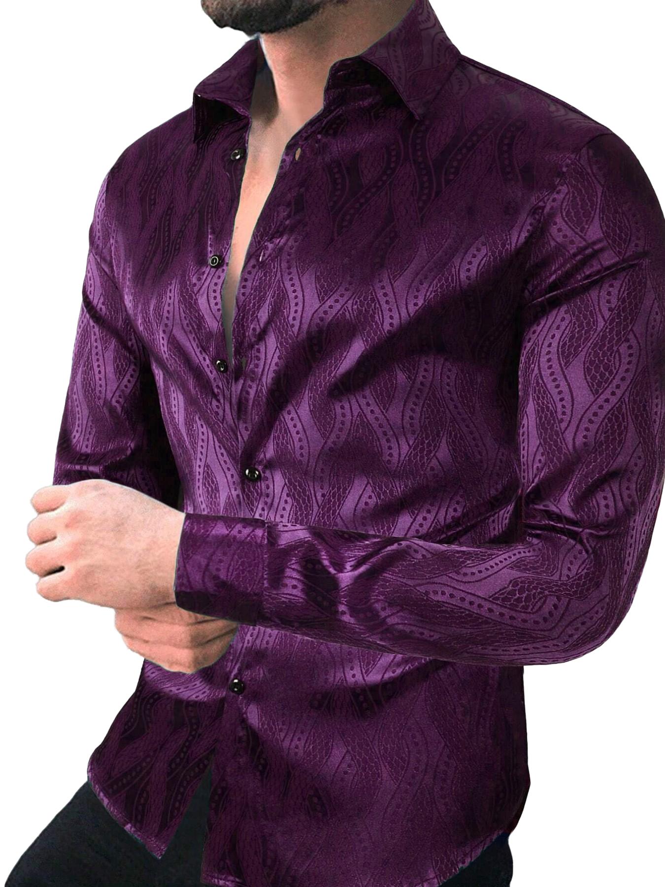 Men's Jacquard Button Front Shirt, Regular Fit Casual Long Sleeve Collared Top for Business Work Office, Fashion Men's Clothes for All Seasons