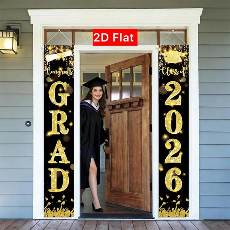 2D Flat Banner Door Sign 1 Pair, 2026 Graduation Porch Banner, Outdoor Gold Sparkle, Weatherproof Graduate Welcome Sign, High School Party Supplies