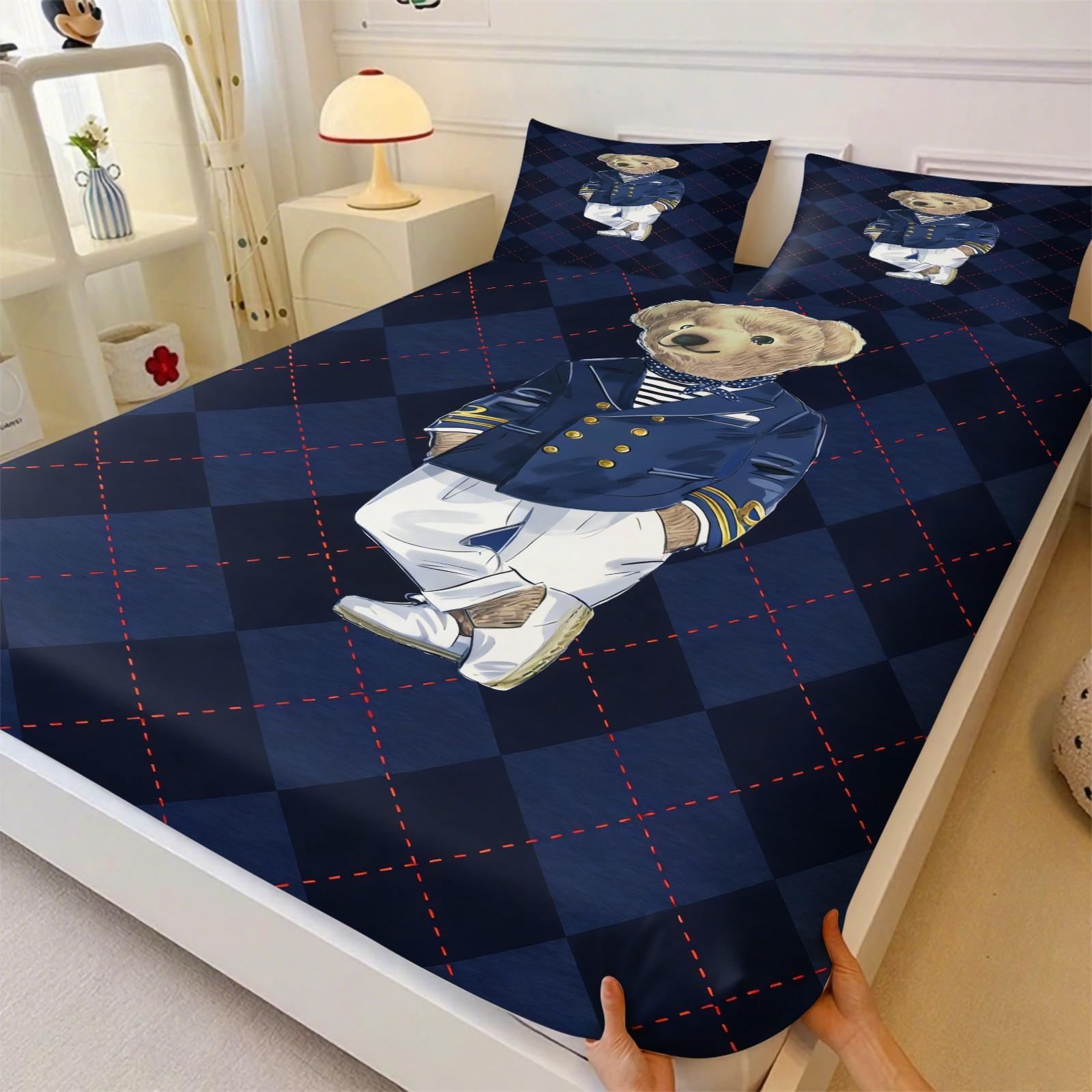 Teddy Bear Pattern Bed Sheet, Comfortable Printed Pattern, Includes 1 Bed Sheet and 2 Pillowcases, Comfortable Bedding, Non slip Dust Cover Suitable for Bedroom and Guest Room, Suitable as a Gift for Children or Adults, Bed Sheets Set