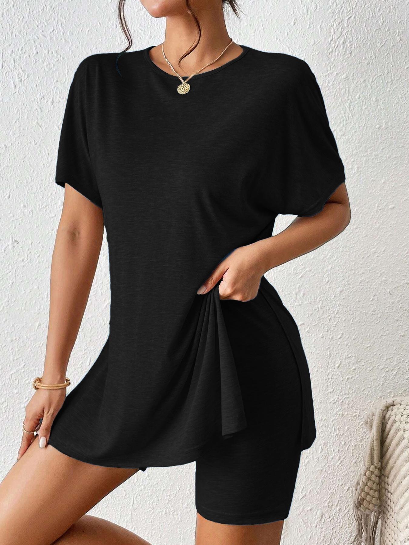 Women's Summer Casual Set, Plain Comfortable Split Two-Piece, Batwing Sleeve Round Neck T-Shirt + Tight Short Pants, Youthful Trendy