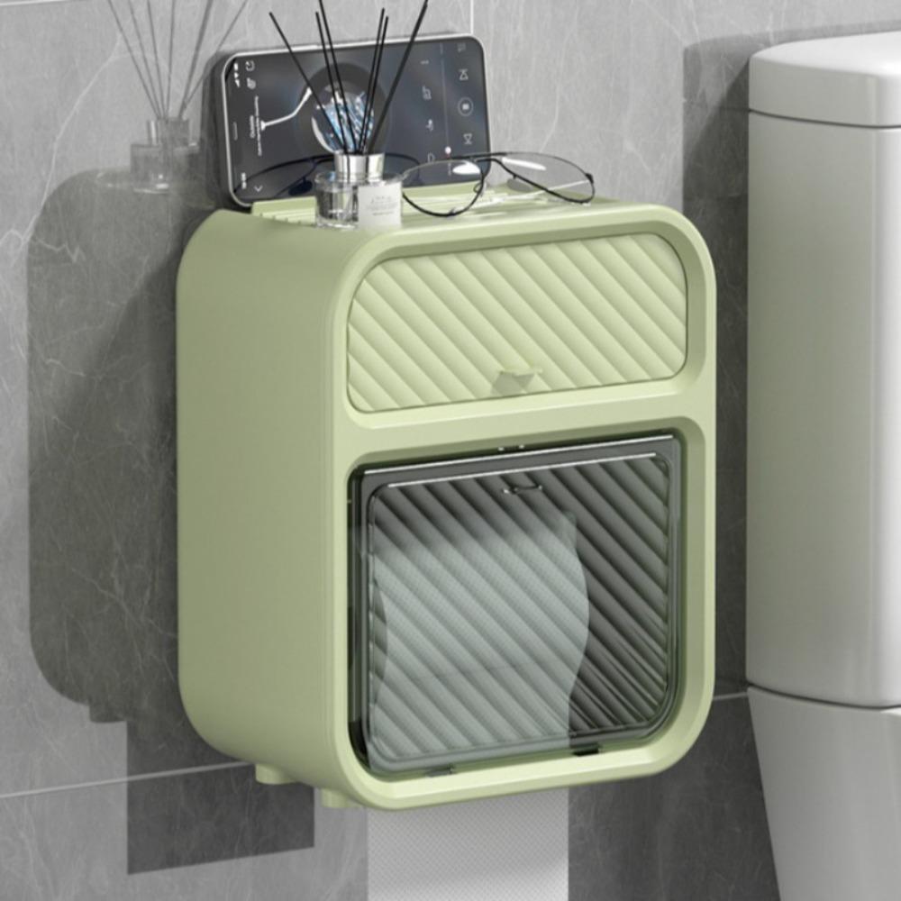 Bathroom Shelf with Drawers, Toilet Tissue Box — Suitable for Both Roll Paper and Facial Tissue. Punch-free Wall-mounted Roll & Facial Tissue Holder, Can Hold Mobile Phones, with Lid, Also for Sanitary Napkin Storage.