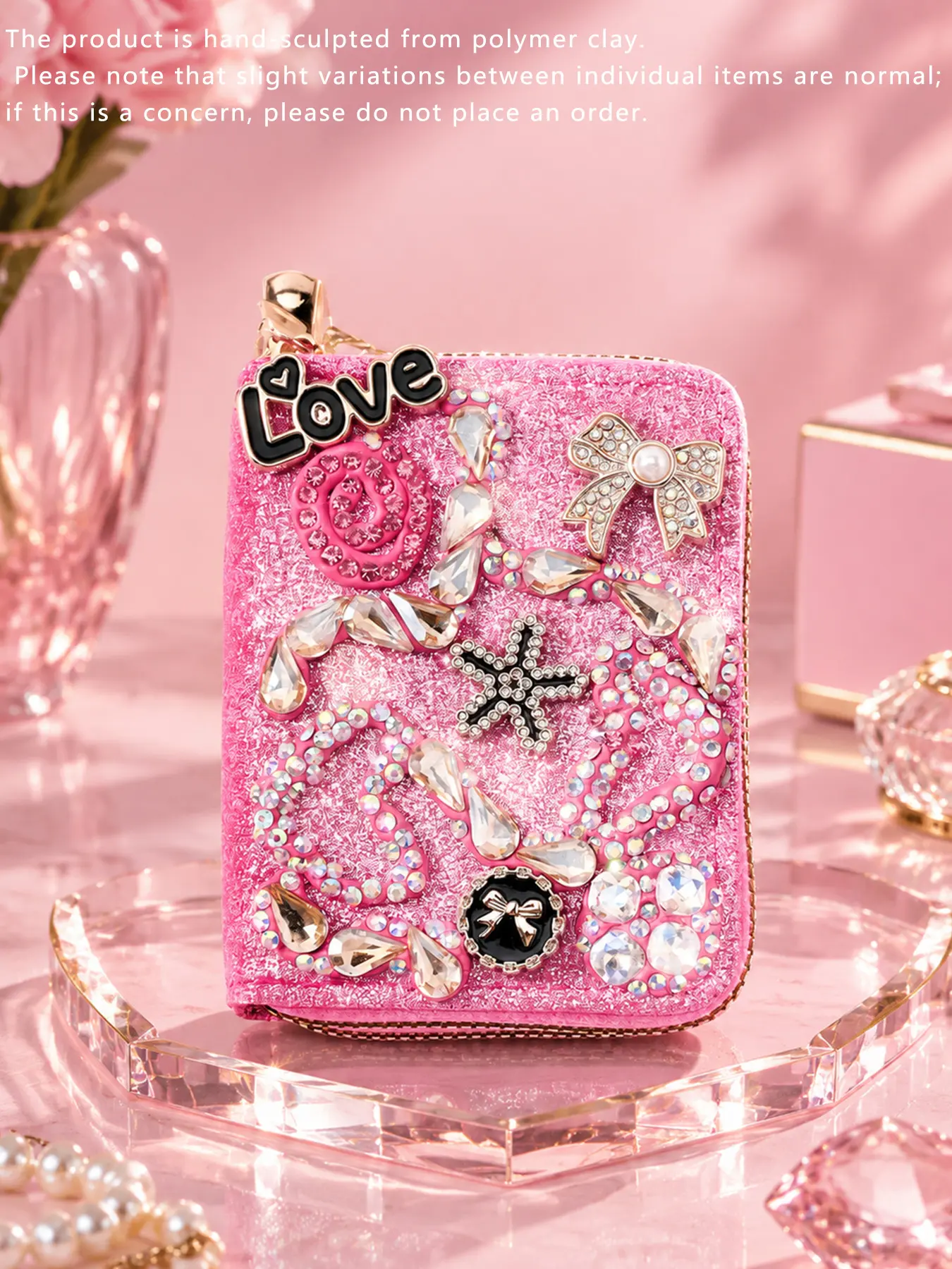 1pc Rhinestone Decor Mini Purse, Glittery Trendy Style, Zip Closure, Bow, Star & Letter Charms, Ideal for Women Daily Outings & Party Gifting, Cute Wallet