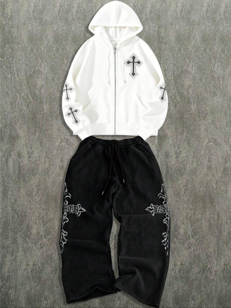 Cross Embellished Zip - Up Hoodie and Track Pants Set, Edgy Streetwear, TikTok - Trending Fashion, Streetwear Tracksuit Set Cross Embellished Zip - Up Hoodie and Track Pants Set, Edgy Streetwear, TikTok - Trending Fashion, Streetwear Tracksuit Set