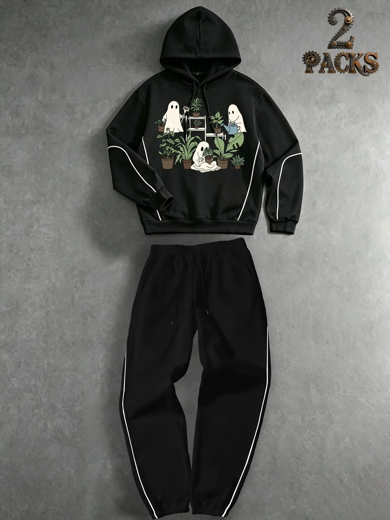 American Streetwear Fall Winter Y2K Halloween Hoodie Set, Loose Fit Hooded Sweatshirt, Cartoon Ghost Print, Elastic Waist Pants