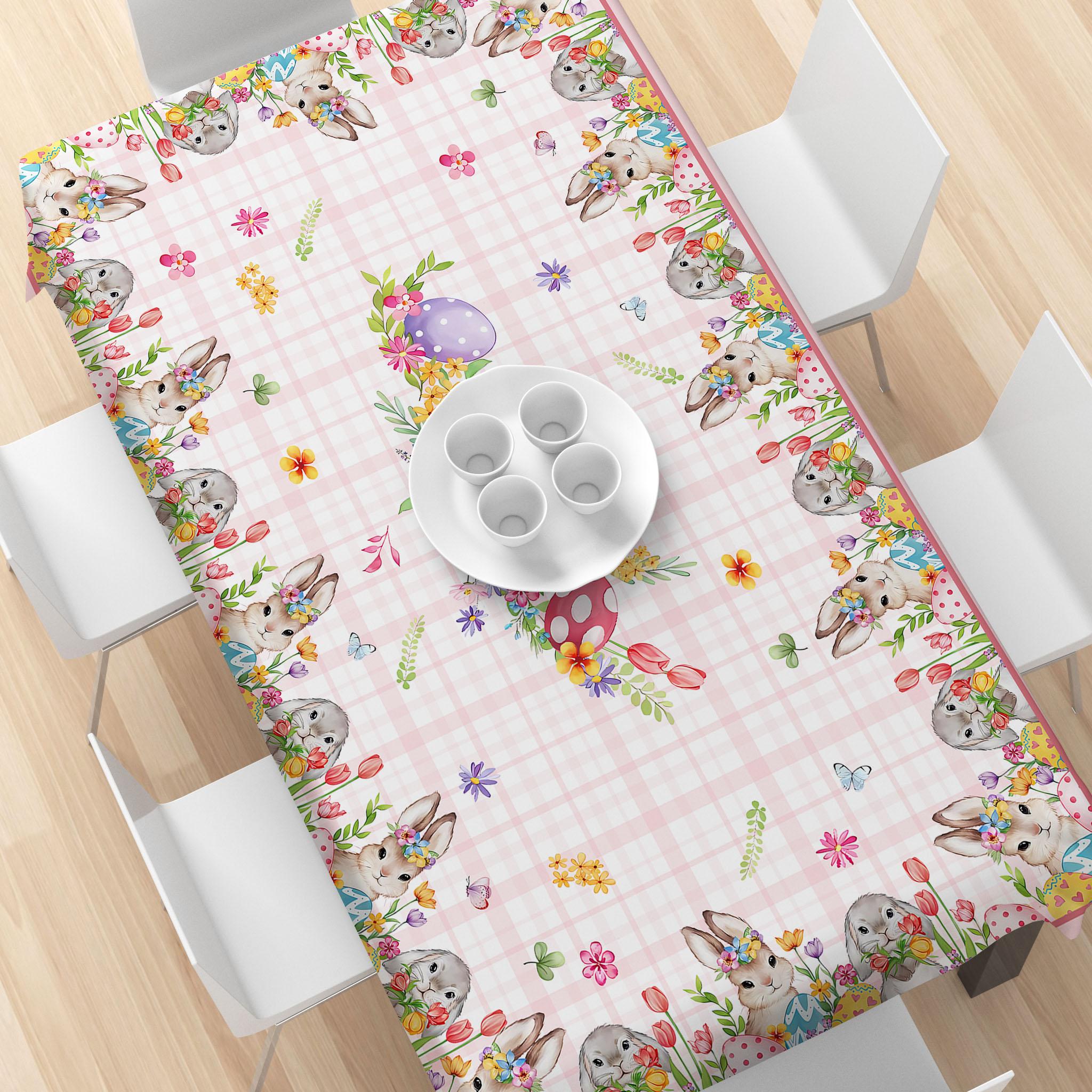 Rectangular Easter Tablecloth, Cartoon Rabbit & Egg Design, Spring/summer Floral Pattern, Perfect for Holiday/easter Decorations, Picnic Table Cover