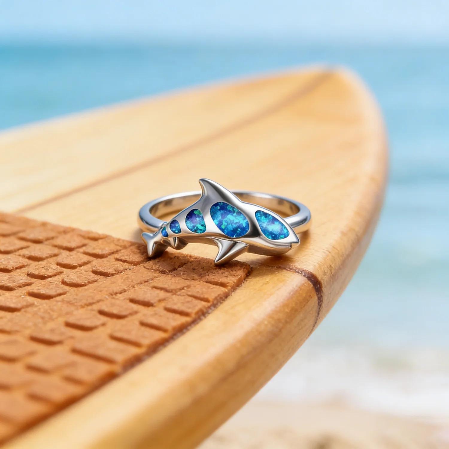 Ocean Theme Cute Shark Synthetic Blue Fire Opal Ring for Women Unique Engagement Finger Ring Gift for Lovers Jewelry Aniversary