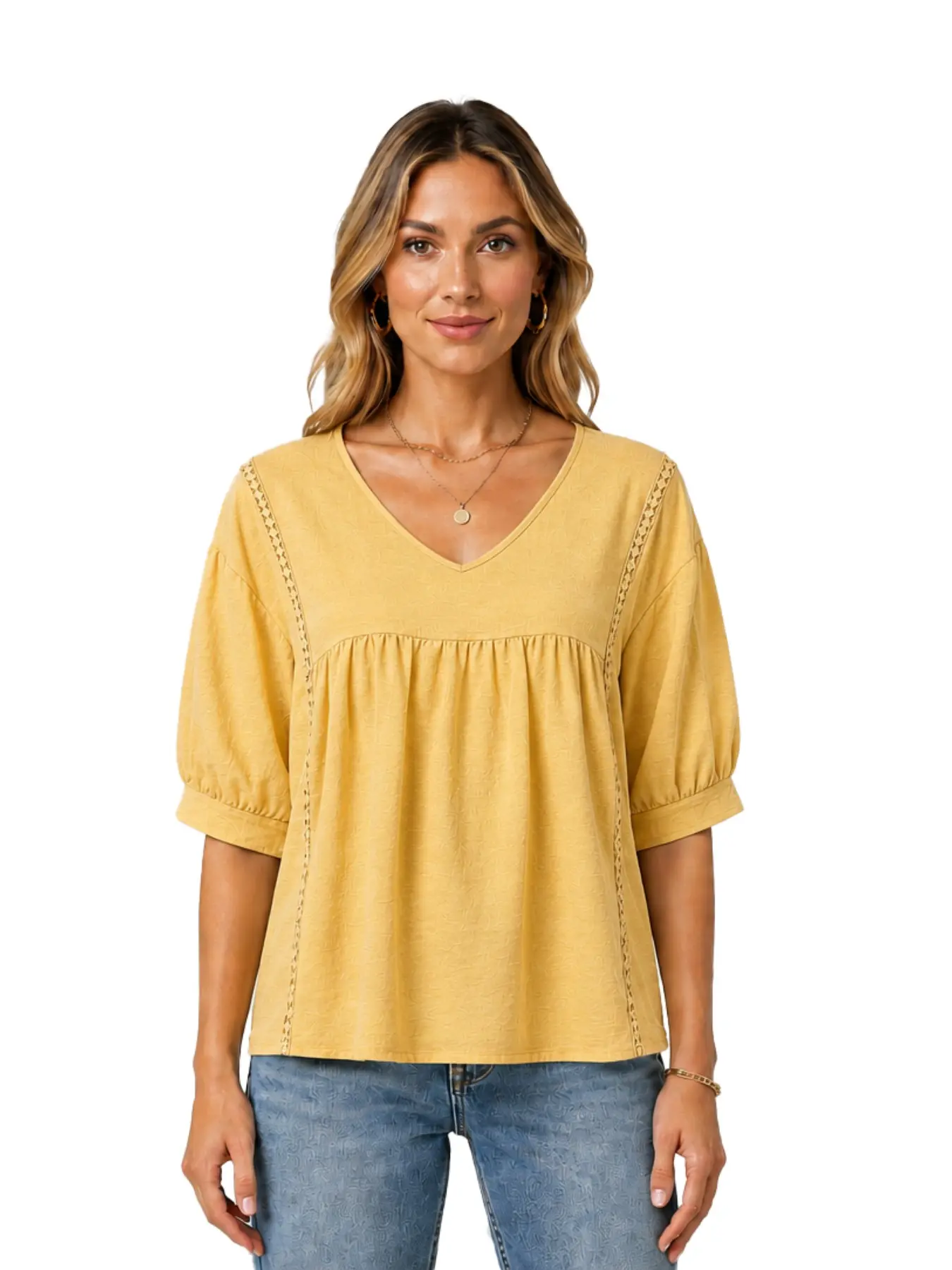 Women's V Neck Puff Short Sleeve Babydoll Blouse, Casual Loose Summer Tops, Boho Crochet Trim Peplum Shirt, Elegant Slim-Fitting Design