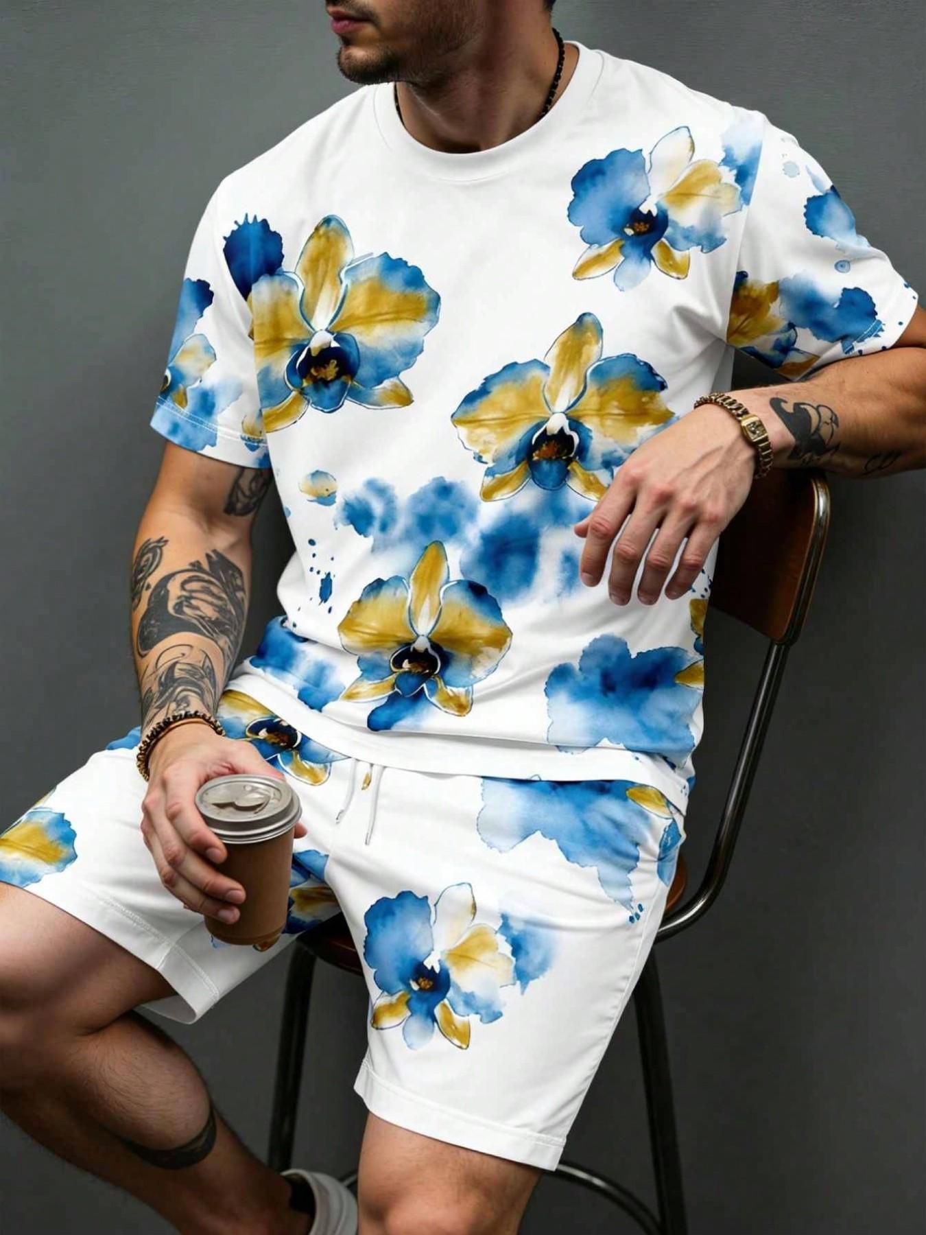 Summer Men's Outdoor Round Neck Short Sleeve T-Shirt and Shorts Set, Floral All over Print, Casual Fitted Style, 2-Piece