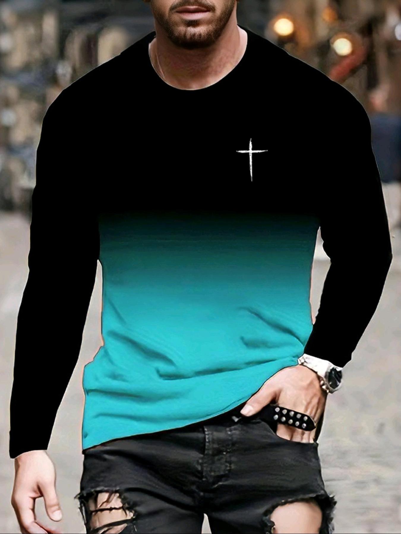 Men's cross-pattern gradient print simple long-sleeved crew neck pullover Shirt Tops, suitable for casual, stylish, comfortable, and sporty everyday wear in spring and autumn.
