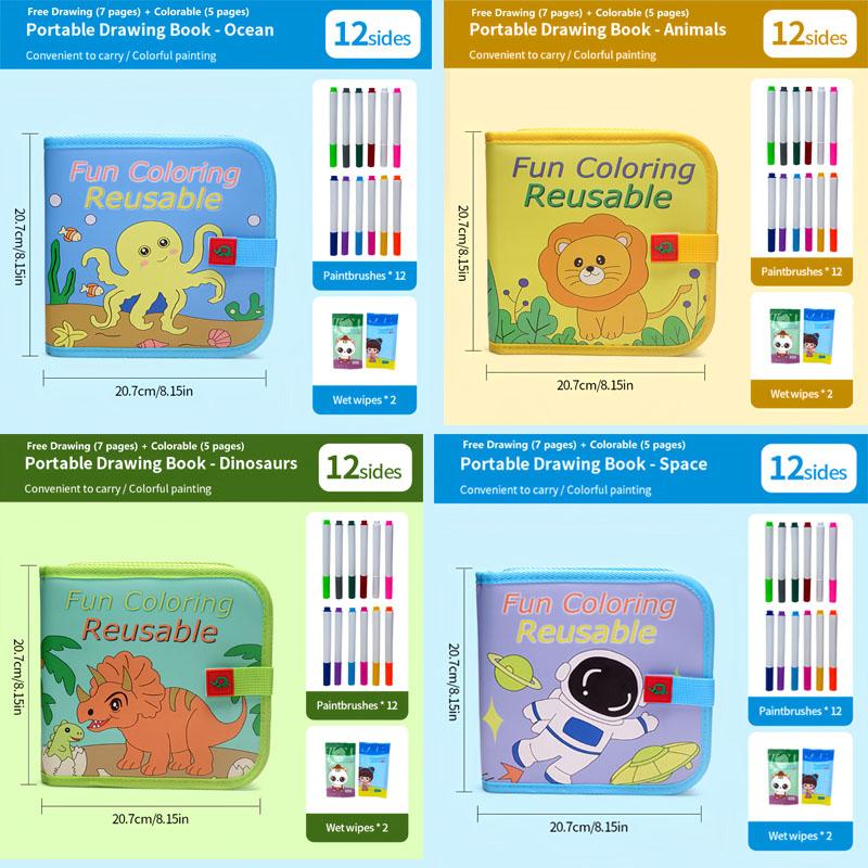 2026 Kids Erasable Drawing Set, Waterproof Magic Book with Watercolor Pens, Creative Dinosaur Bird Bear Writing Painting Kit, Boys Girls Gift