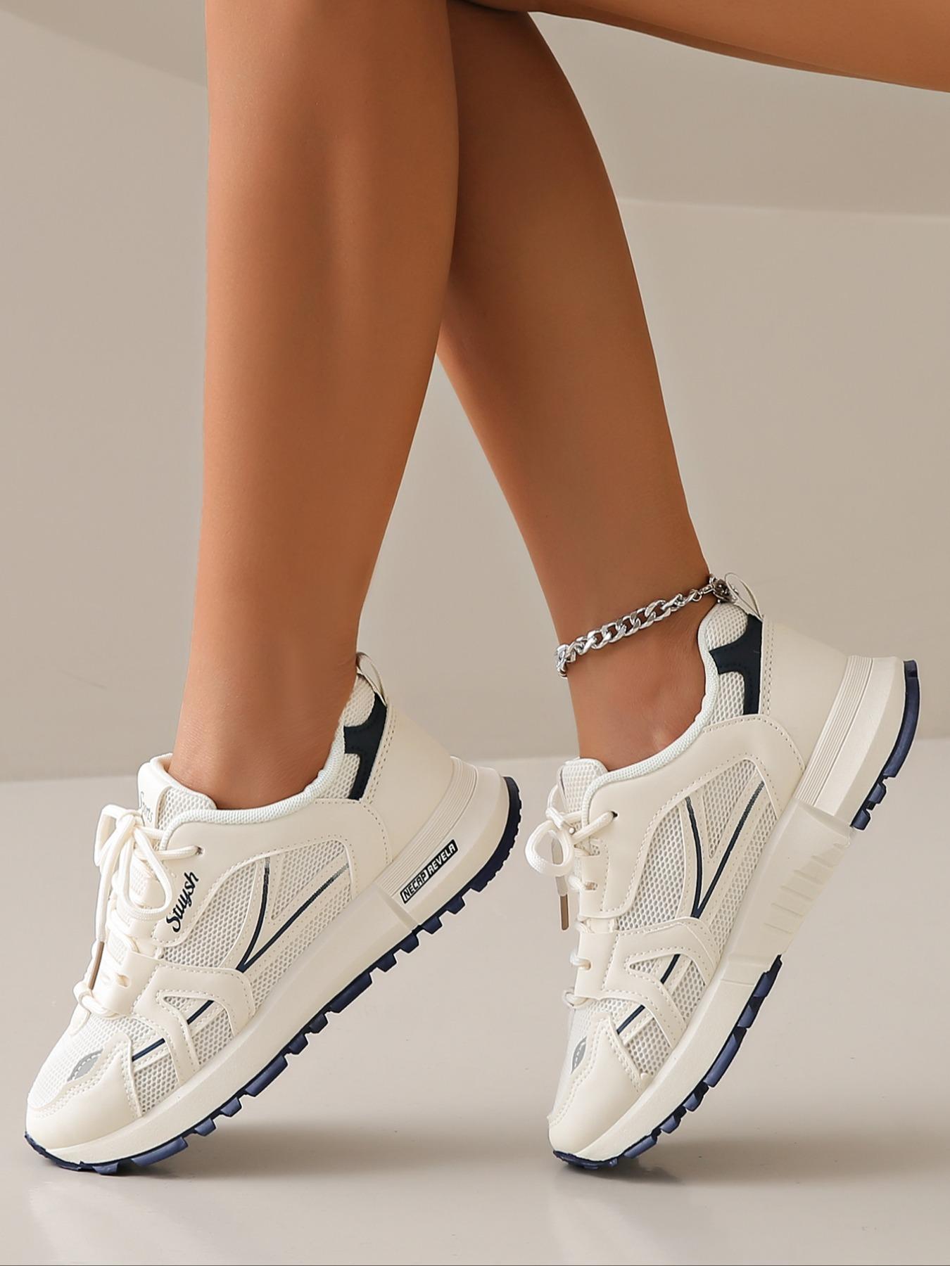 Women's Fashionable Letter & Striped Pattern Lace Up Low Top Sneakers, Casual Comfortable Breathable Sports Running Shoes, All-match Basic Shoes for Daily Wear, Sporty Running Fashion1123