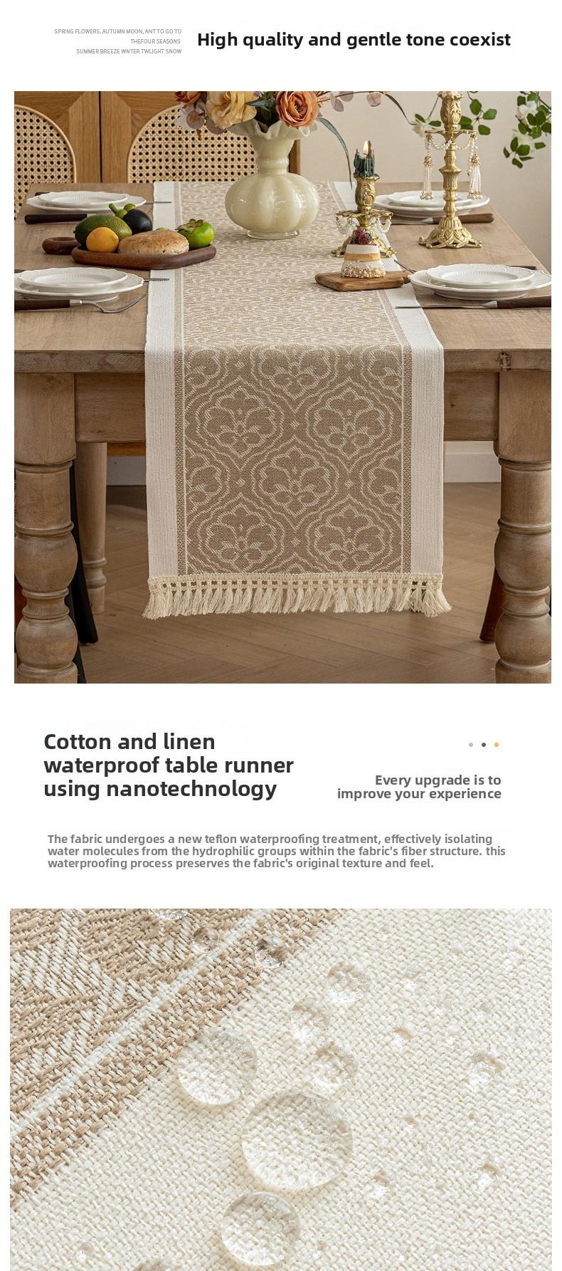Nordic Style Waterproof Cotton Linen Table Runner, Jacquard Pattern with Tassel Trim, Dining Table Decor