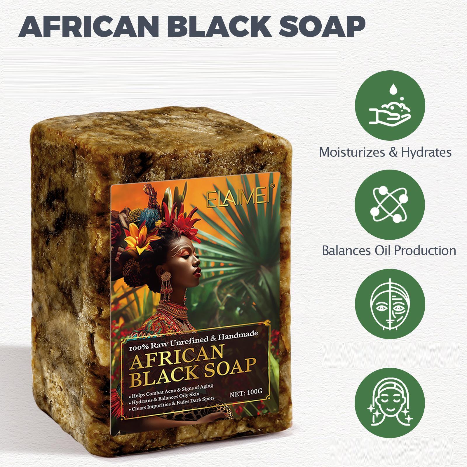 ELAIMEl African Black Soap, comes with a lathering net, produces a rich, creamy lather, gently removes oil from the skin, and leaves it feeling fresh and clean. Bath soap.