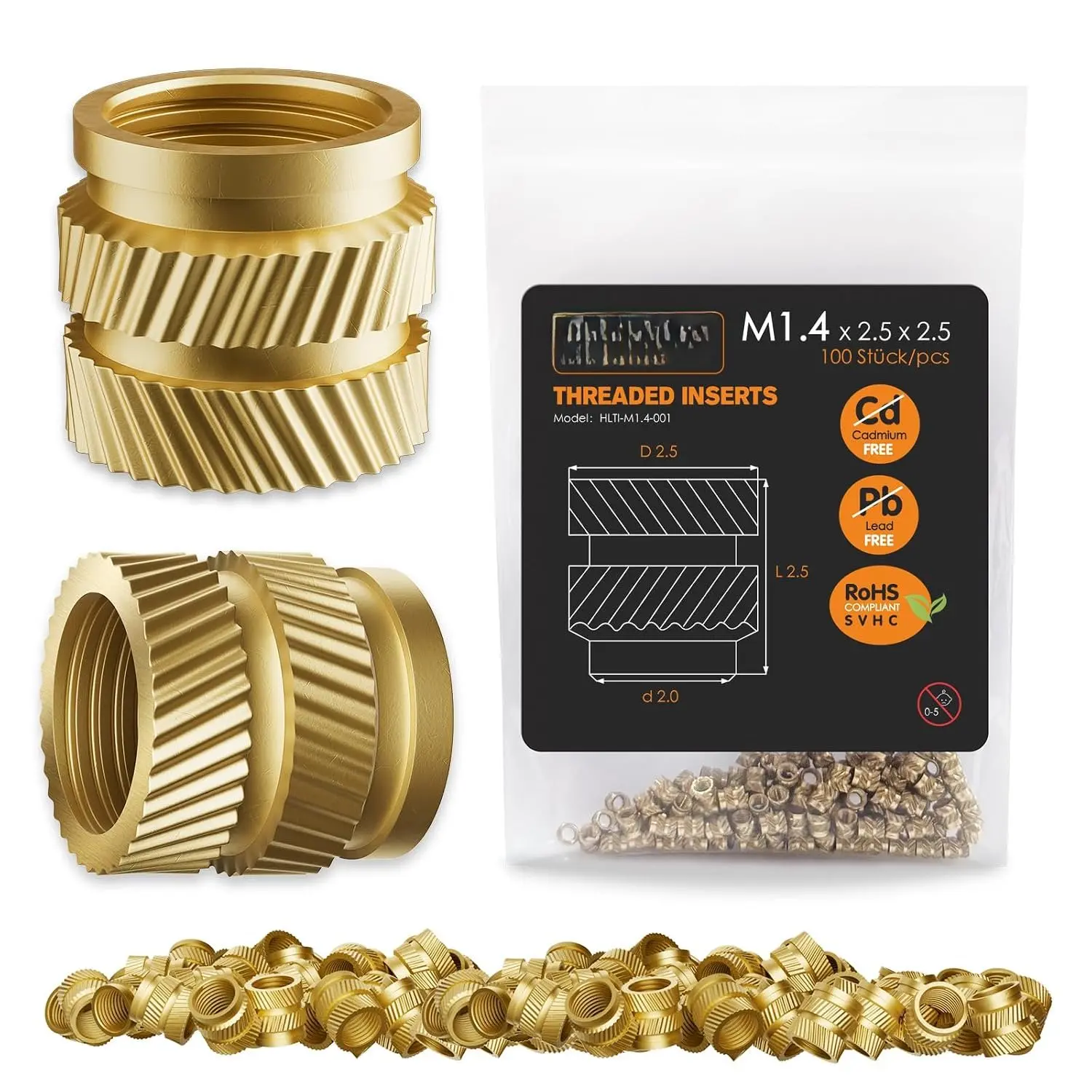 Brass Metric Knurled Heat-Set Threaded Inserts (Knurled Nut), M1.4 mm High Torque Fasteners for Printer Components, Plastic Parts (100 Pieces)