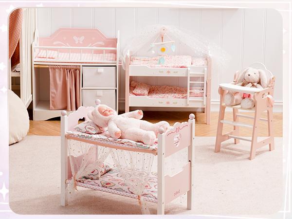 ROBUD Baby Doll Bunk Beds, Wooden Baby Doll Crib with Starry Curtain, Stackable Toy Crib for 18 Inch Dolls, Doll Bed Playset with Bedding Accessories, for Kids 3+