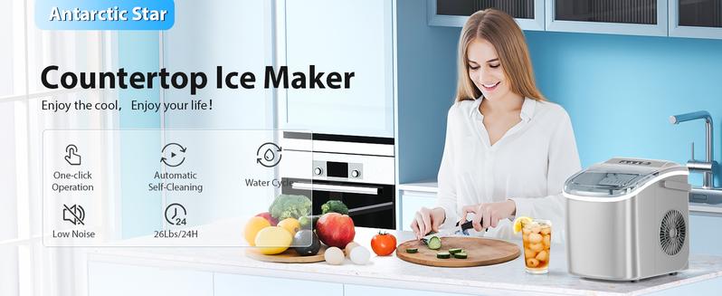Antarctic Star Countertop Ice Maker Portable Ice Machine with Handle,26Lbs/24H, Self-Cleaning Ice Makers, 9 Ice Cubes Ready in 6 Mins for Home Kitchen Bar Party (Grey)
