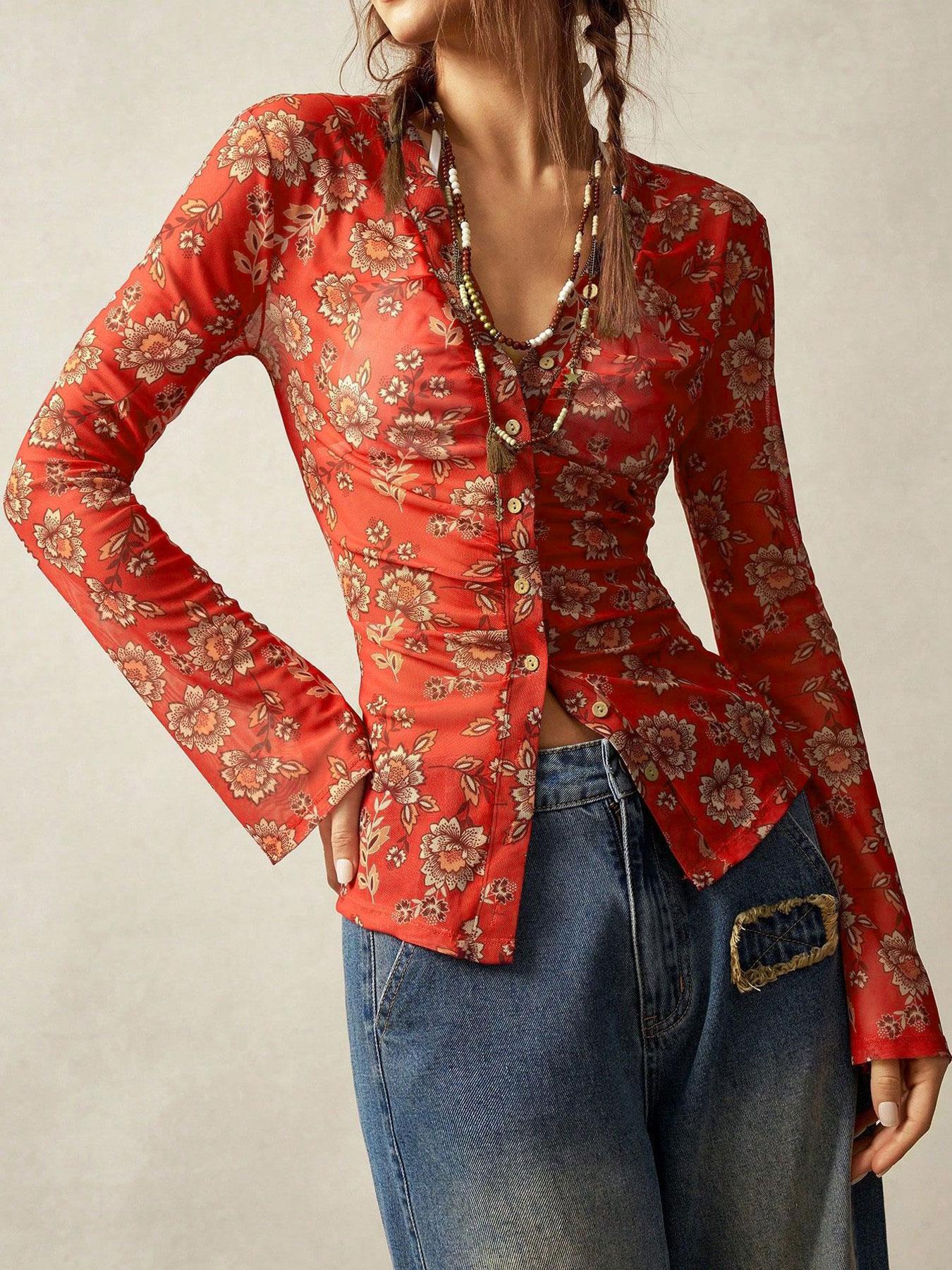 Women's Spring & Summer Floral Print Slim-Fitting Shirt, Long Sleeve Elegant Vintage Style, Casual Vacation Wear