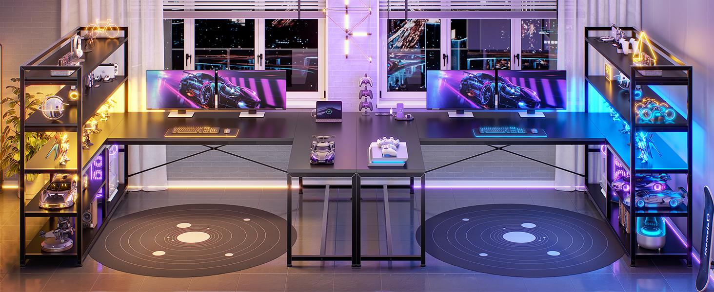 SEDETA 63 Inch Reversible Office Computer Desk L Shaped Gaming Desk with LED Lights Power Outlet 5-tier Storage Shelves Organizer Modern