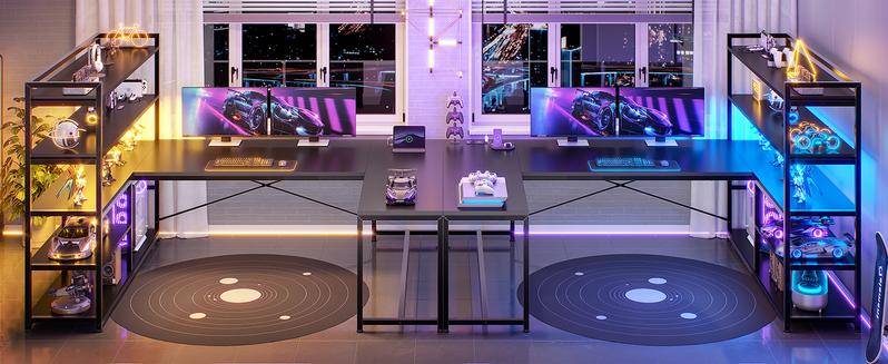 SEDETA 63 Inch Reversible Office Computer Desk L Shaped Gaming Desk with LED Lights Power Outlet 5-tier Storage Shelves Organizer Modern