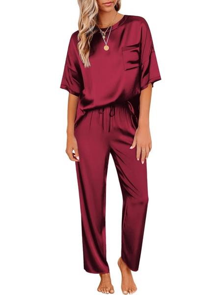 Women's Satin Silk Pajama Set, Short Sleeve Top & Long Pants, Soft Sleepwear for Women, Comfortable Loungewear for Home Use