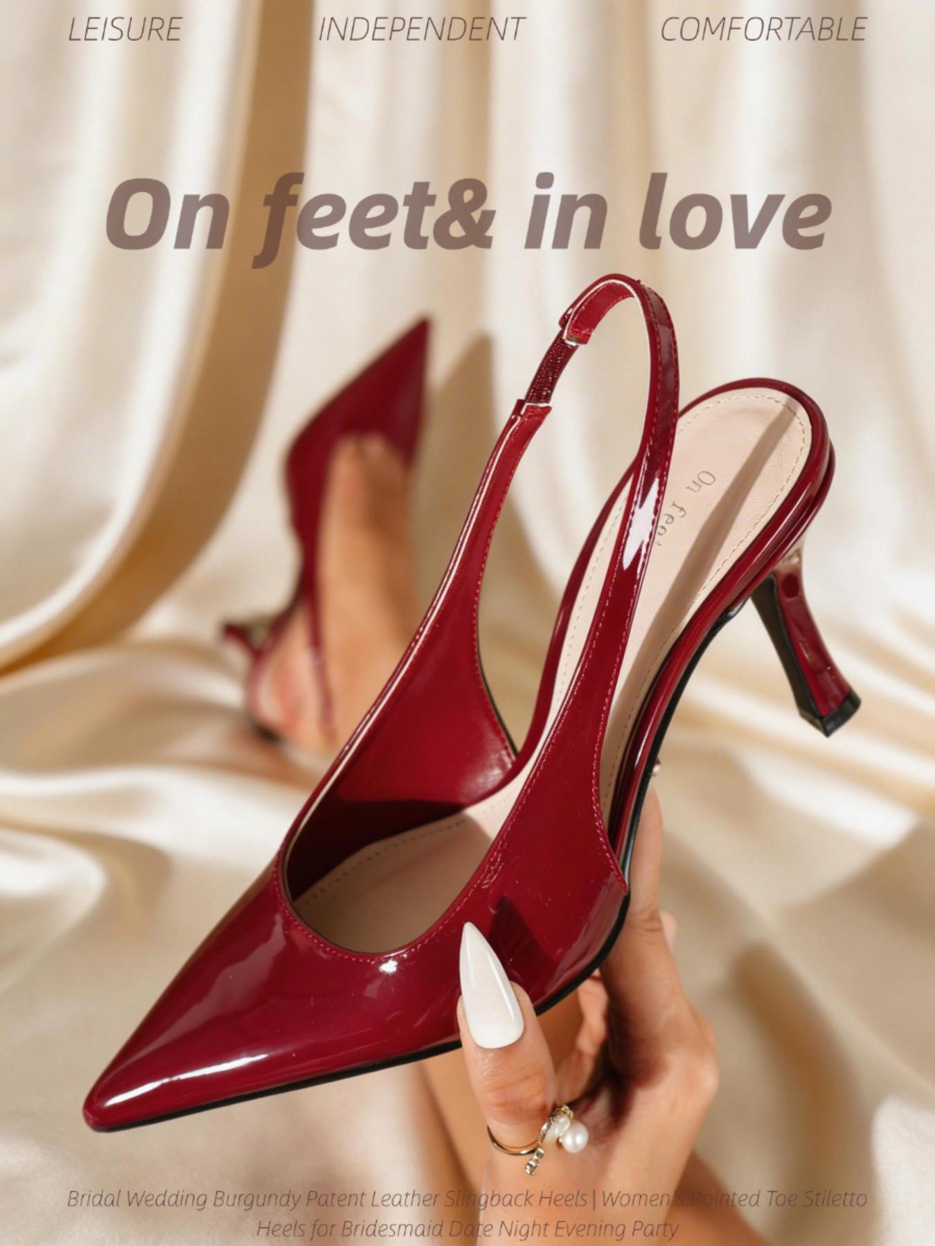 Women's Mirror Patent Leather Slingback Heels | Women's Burgundy & Black Heeled Sandals | Pointed Toe Stiletto Pumps | Sexy, Elegant & Comfortable Heels for Date Night, Wedding, Party and Office