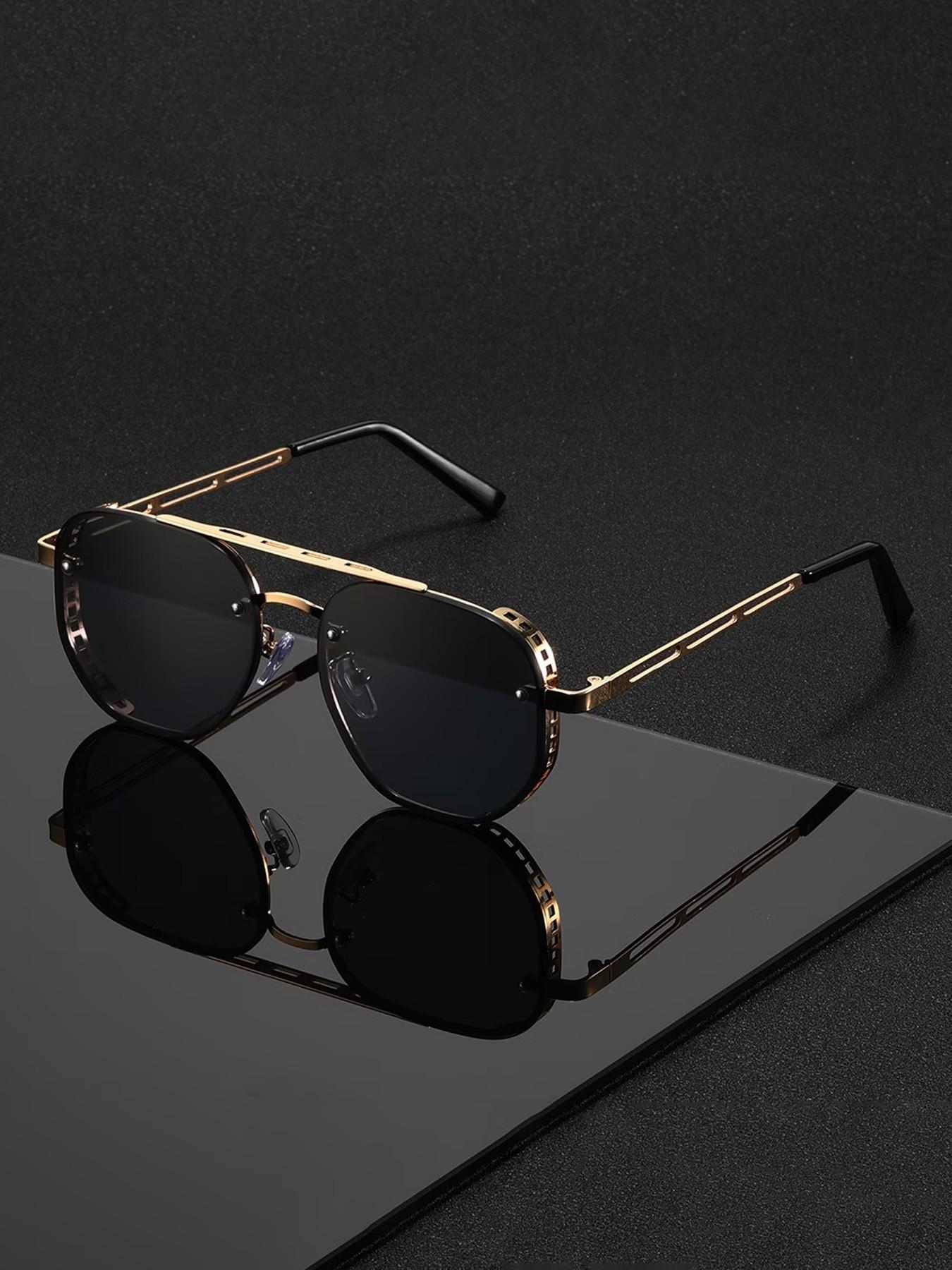 Alloy Double Bridge Decorative Glasses, Square Frame Design, Dark PC Lenses, Metal Finish, Bold Style for Parties, Fashionable Wear