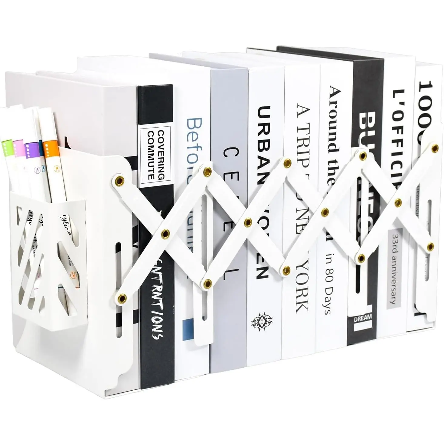 Adjustable Bookends Metal Book Ends with Pen Holder for Heavy Books 3 Dividers Expandable Desk Book Stand Stopper Rack Magazine Binder Organizer for Shelves Bookcase Office School Home (White)