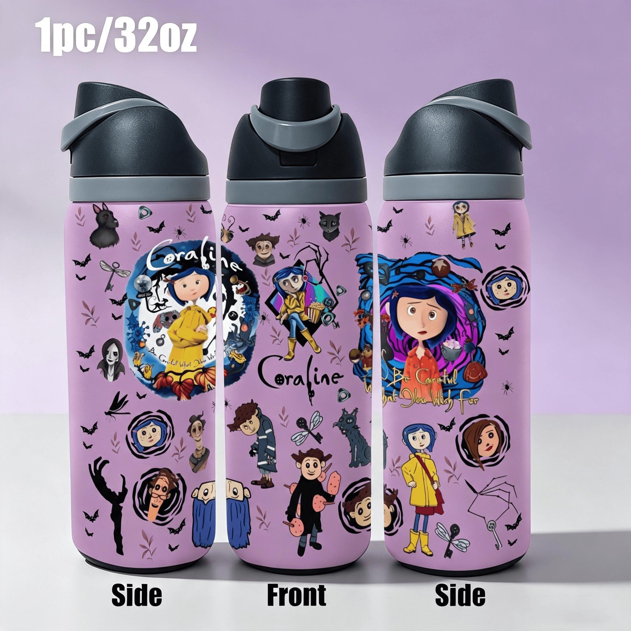 1pc 32oz Coraline Cartoon Insulated Water Bottle, Double‑Wall Stainless Steel Portable Travel Tumbler, Horror Animation Character Print, Flip Spout Lid, Leak‑Proof Reusable Cup, For Daily School Outdoor, Animation Fan Collectible Gift