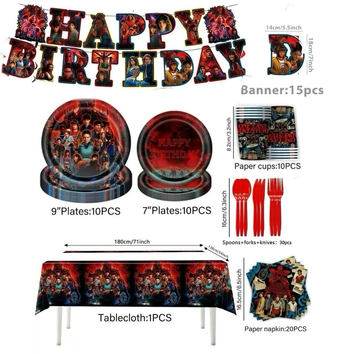 2026 Stranger Things Theme Birthday Party Supplies Set, 96 Pieces Including Plates, Napkins, Cups, Straws, Cutlery, Decorations, Tablecloth, Banner, Birthday Party Kit