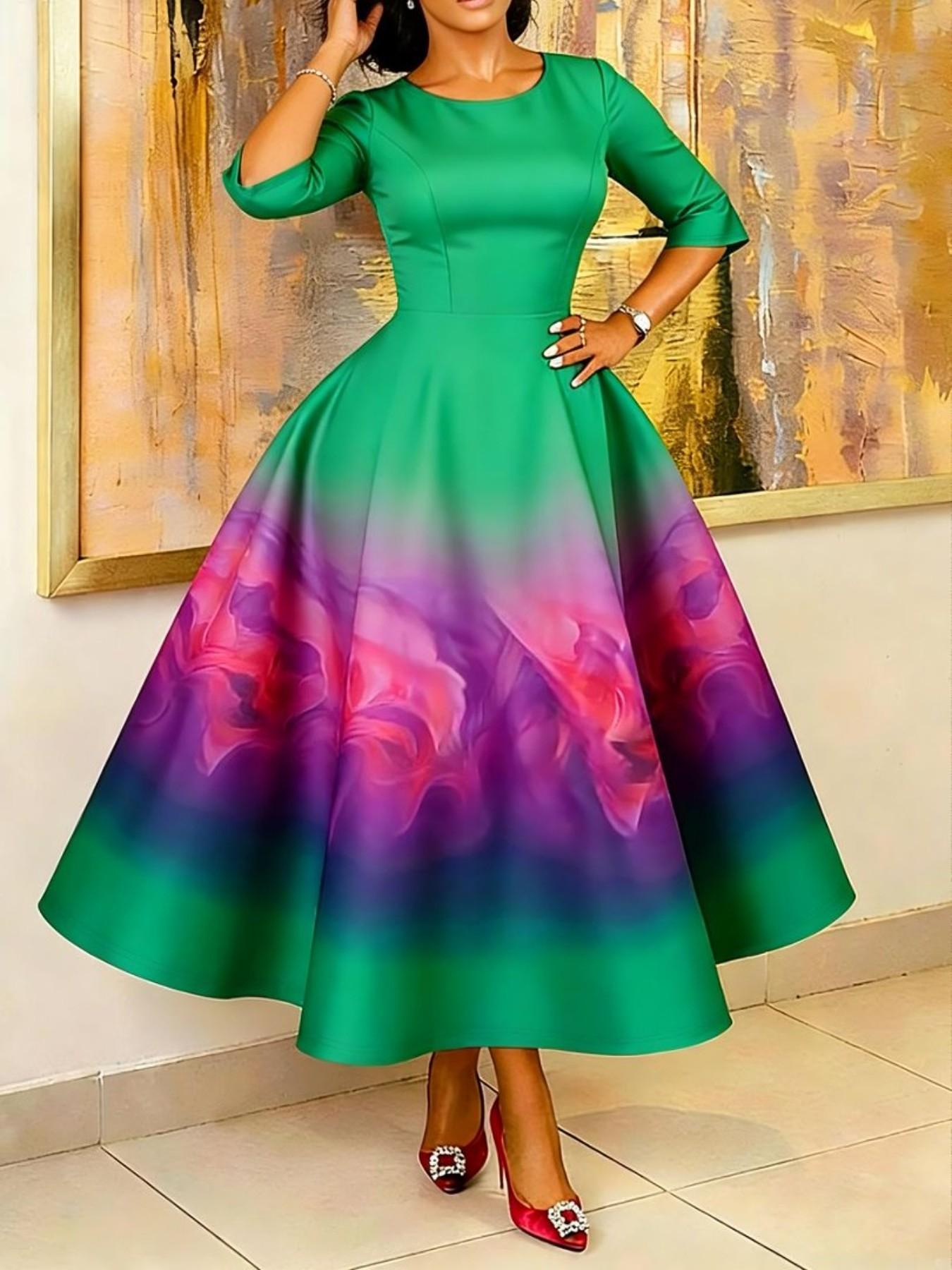 Women's Summer Fashion Elegant Classy Flattering Gradient Long Dress, Slim-Fitting Half Sleeve Print Dress, Perfect for Evening Parties and Events