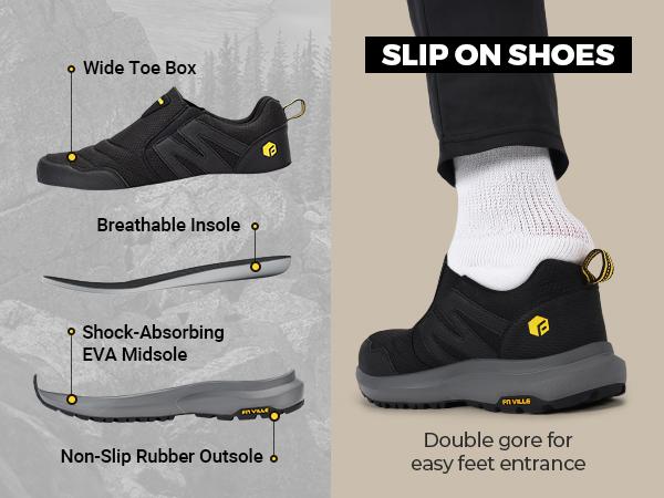 FitVille Men's Wide Trails Hiking Shoes for Men,  Slip-On Walking Shoes Trekking Hiking Sneakers with Arch Support Outdoor Explorer