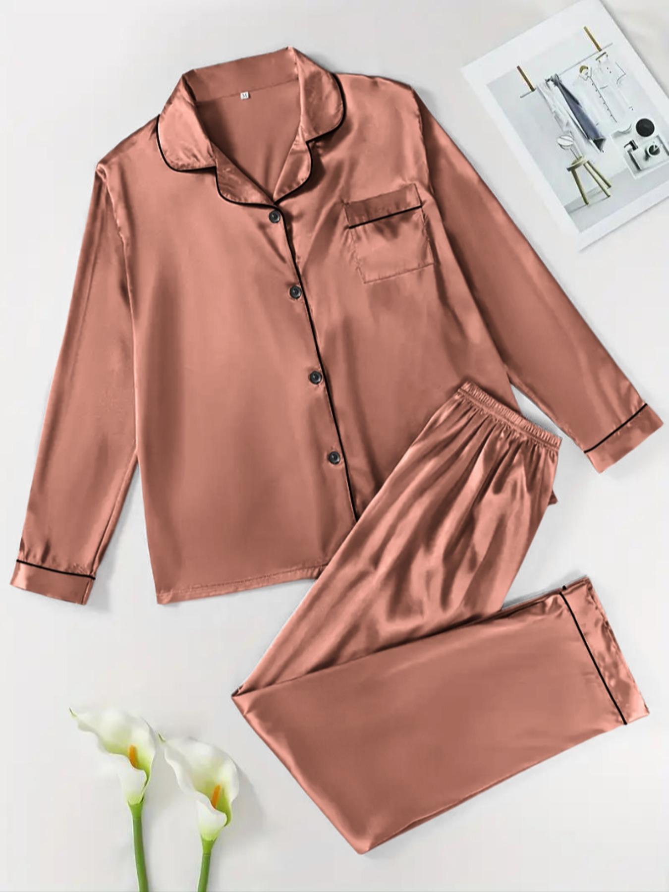 【Valentine's Day】Two-Piece Set Women's Solid Contrast Binding Satin Pyjamas, Pajamas, Long Sleeve Lapel Button Front Shirt & Elastic Waist Pants PJ Set, Casual Comfortable Sleepwear Set for Women