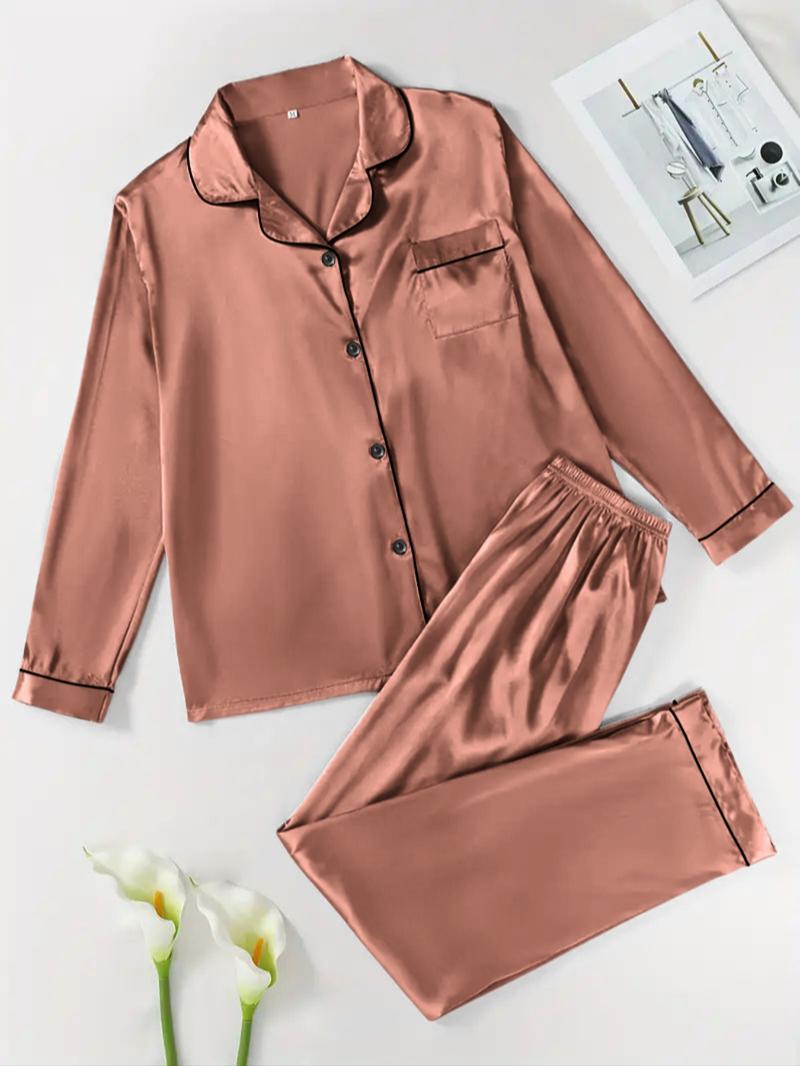 【Valentine's Day】Two-Piece Set Women's Solid Contrast Binding Satin Pyjamas, Pajamas, Long Sleeve Lapel Button Front Shirt & Elastic Waist Pants PJ Set, Casual Comfortable Sleepwear Set for Women