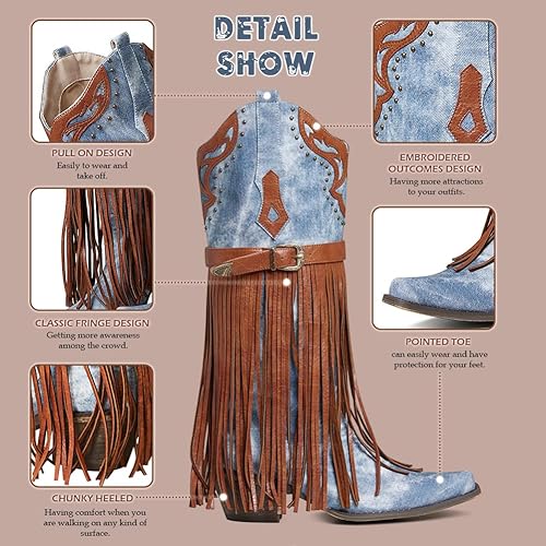 Fringe Cowgirl Boots-Square Toe Chunky Heel Cowboy Boots