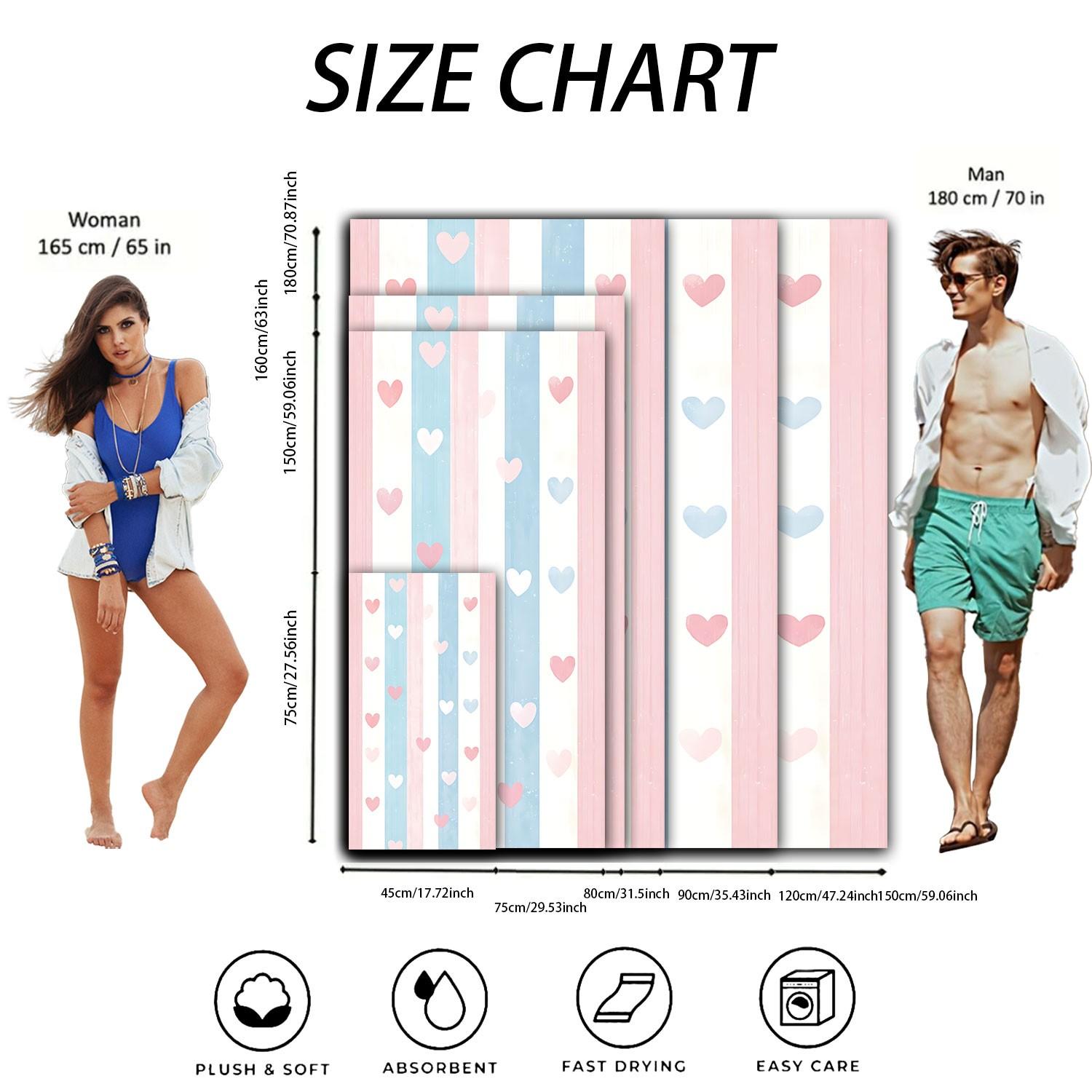 1pc Blue Striped Heart Print Beach Towel, Quick-Dry Sand-Free Ultra-Fine Fiber Bath Towel, Cute Heart Pattern Absorbent Towel