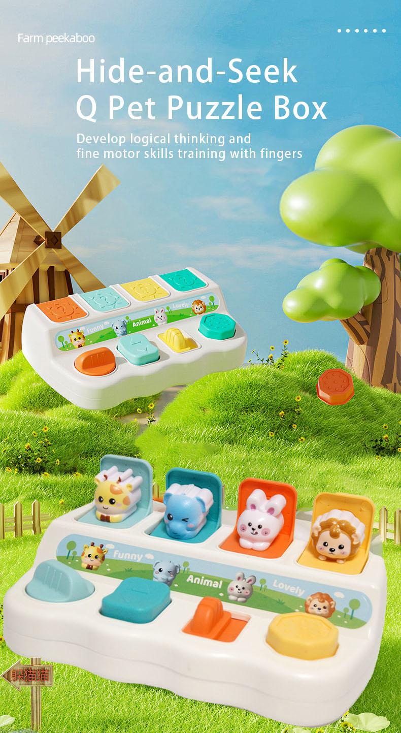 Baby Pop-Up Animal Toy with Buttons, Cause and Effect Toy for Logic and Memory Training, Interactive Montessori Toy for Kids