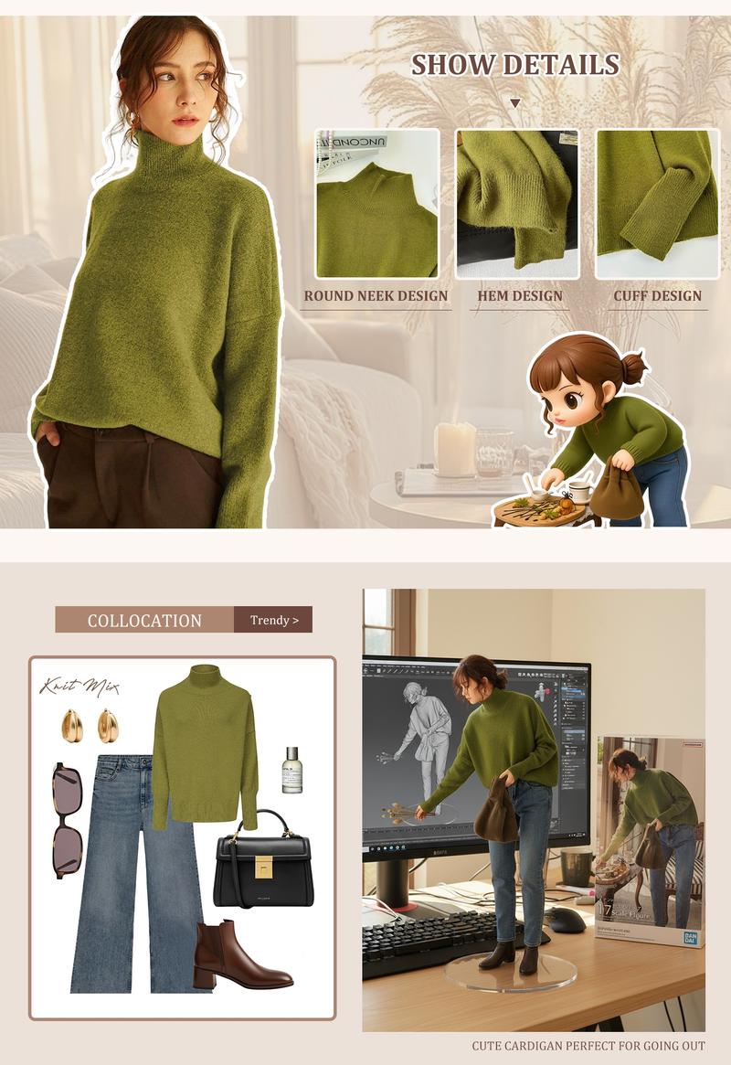 Autumn Winter Women's Sweater, High Neck Loose Casual French Style Knitwear, Elegant Simple Solid Color Pullover, Long Sleeve Knit Top Autumn Winter Women's Sweater, High Neck Loose Casual French Style Knitwear, Elegant Simple Solid Color Pullover, Long Sleeve Knit Top
