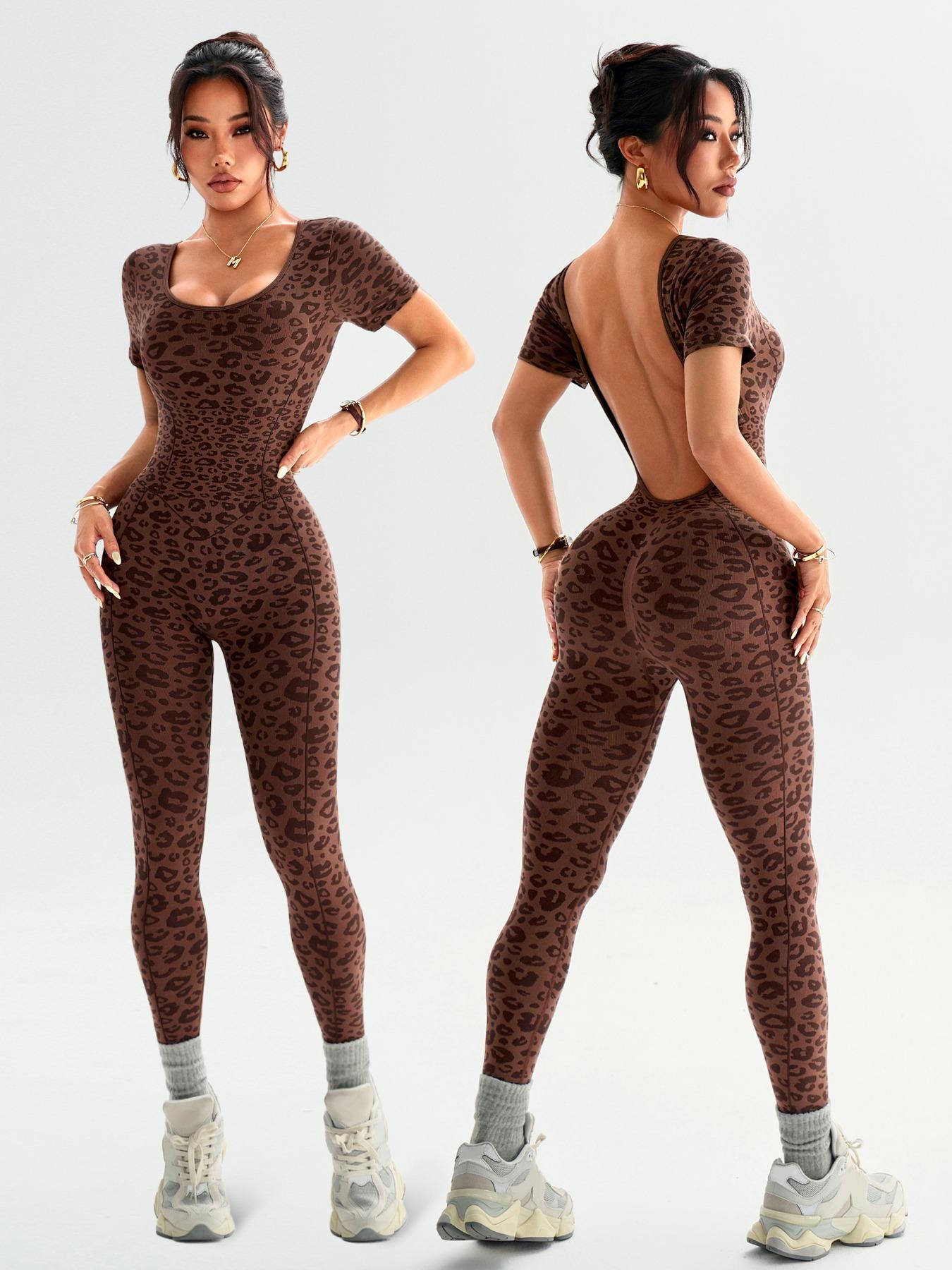 Women's Seamless High Stretch Leopard Print Backless Short Sleeve Long Pants Jumpsuit Butt Lifting Tight Yoga Sports Gym Jumpsuit Sportswear Jumpsuits