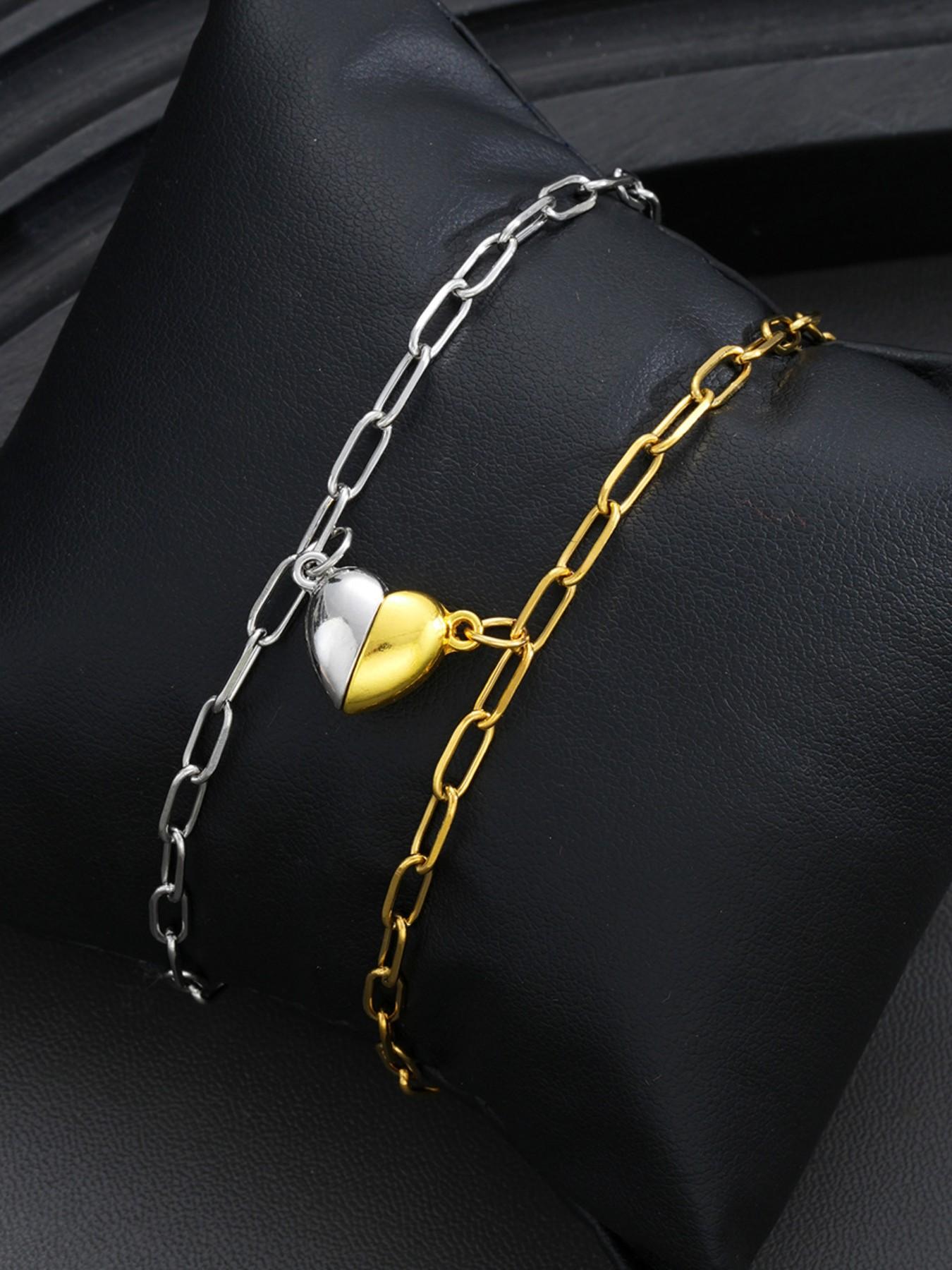 Magnetic Heart Couple Bracelets Set, Matching Split Heart Link Chain Bracelets For Lovers, Dainty Attractable Heart Wrist Jewelry, Minimalist Matching Bracelet Gift For Couples, Long Distance Relationship, Anniversary, Valentine's Day Present