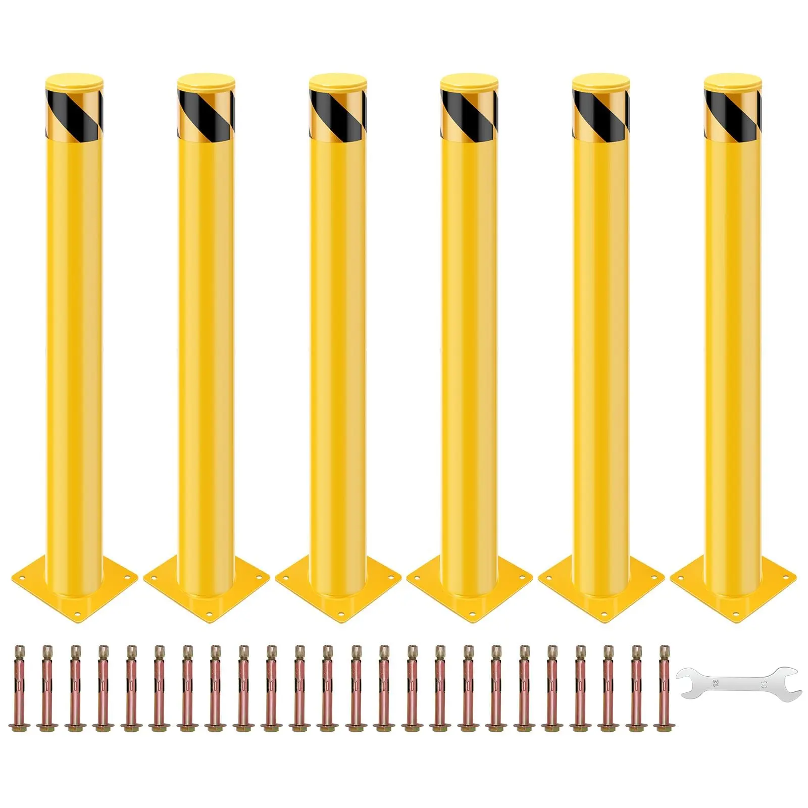Removable Steel Safety Bollard Posts, 48" Height, High Visibility Yellow, Powder-Coated, Surface-Mounted, Includes Anchor Bolts and Wrench, Ideal for Industrial and Commercial Facility Protection